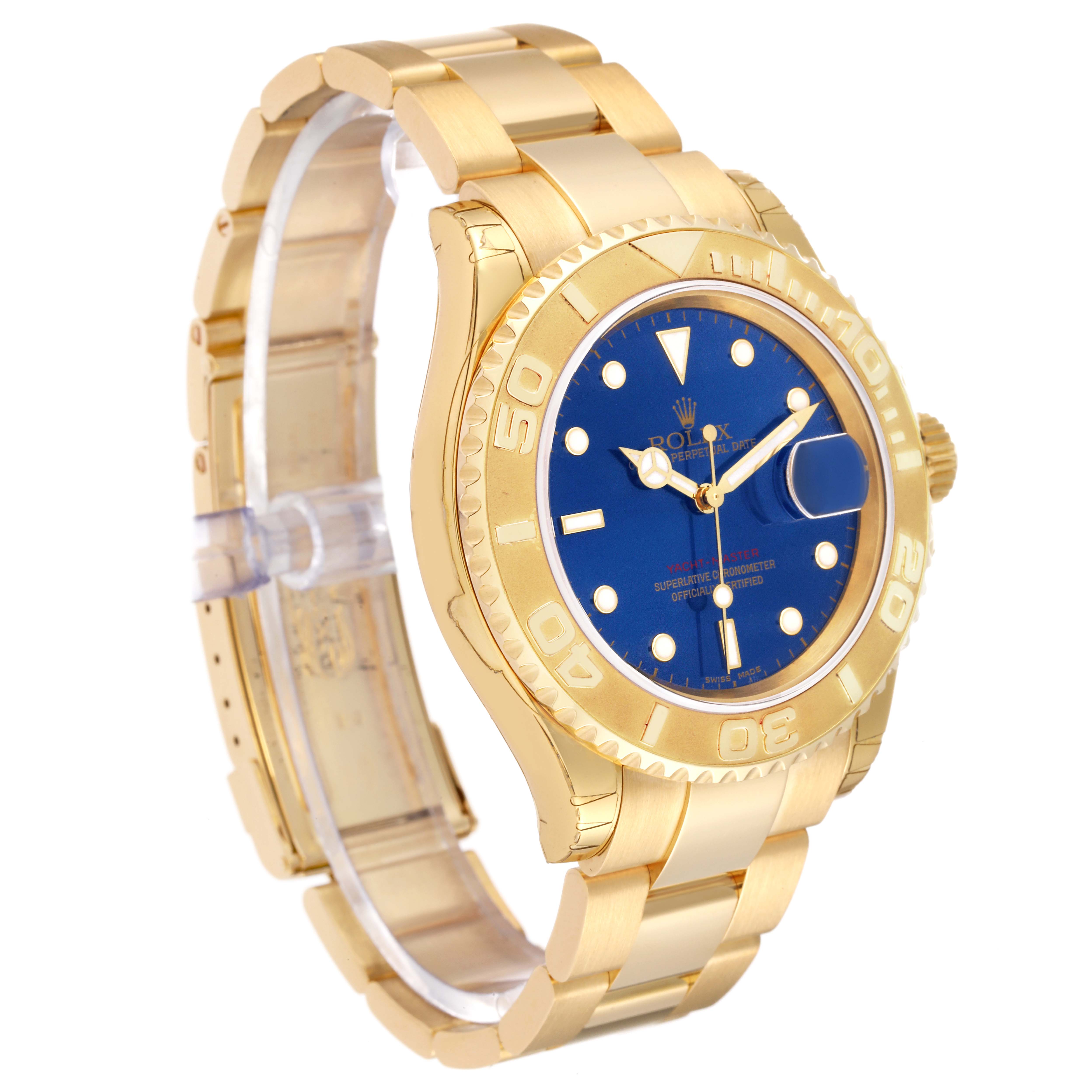 The image shows a side and top angle of the Rolex Yacht-Master 16628 Men's Yellow Gold Blue Dial 16628 Men's Yellow Gold Blue Dial watch, highlighting its gold bracelet, blue dial, and bezel.