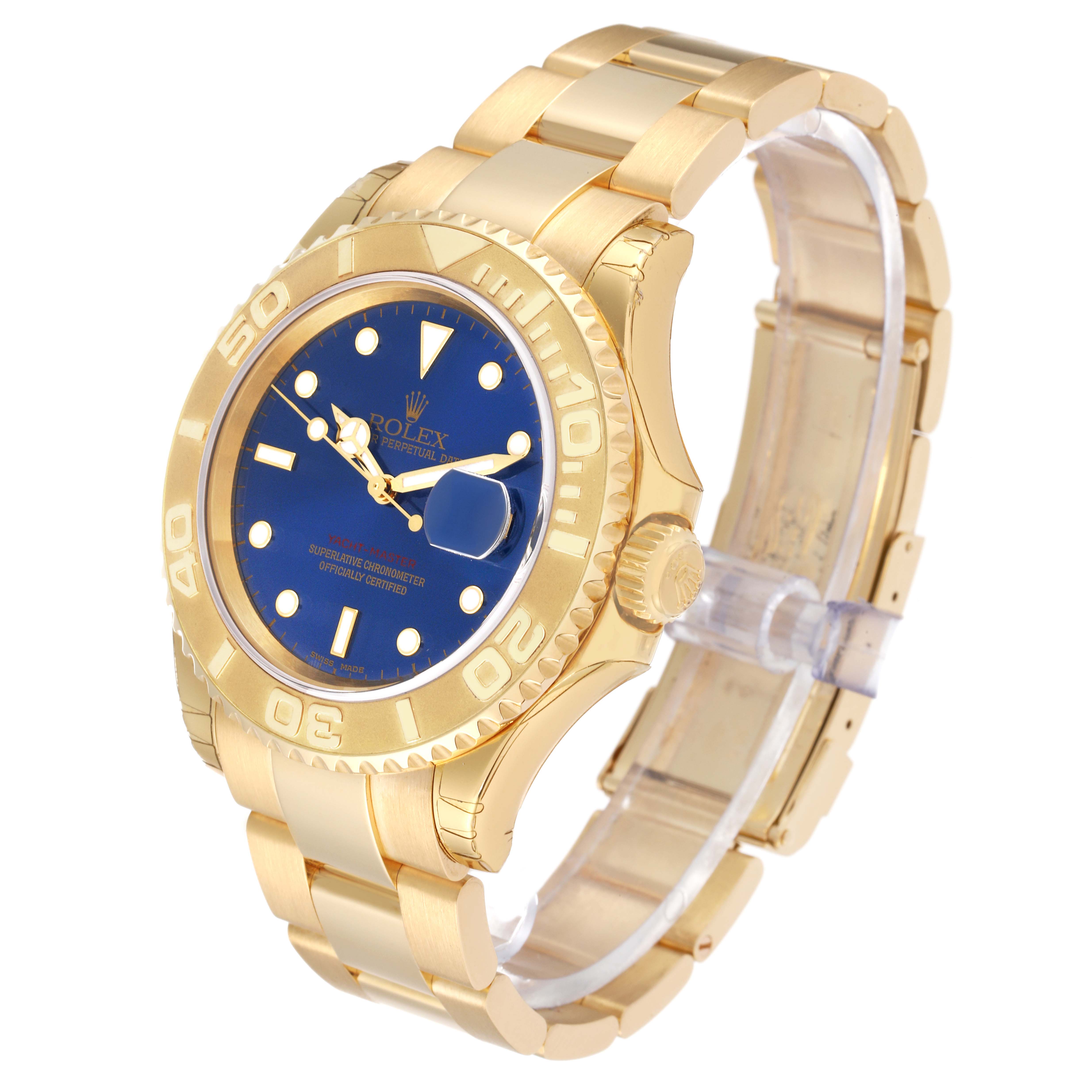 This Rolex Yacht-Master 16628 Men's Yellow Gold Blue Dial 16628 Men's Yellow Gold Blue Dial watch is shown at a three-quarter angle, highlighting its blue dial, gold bezel, and bracelet.