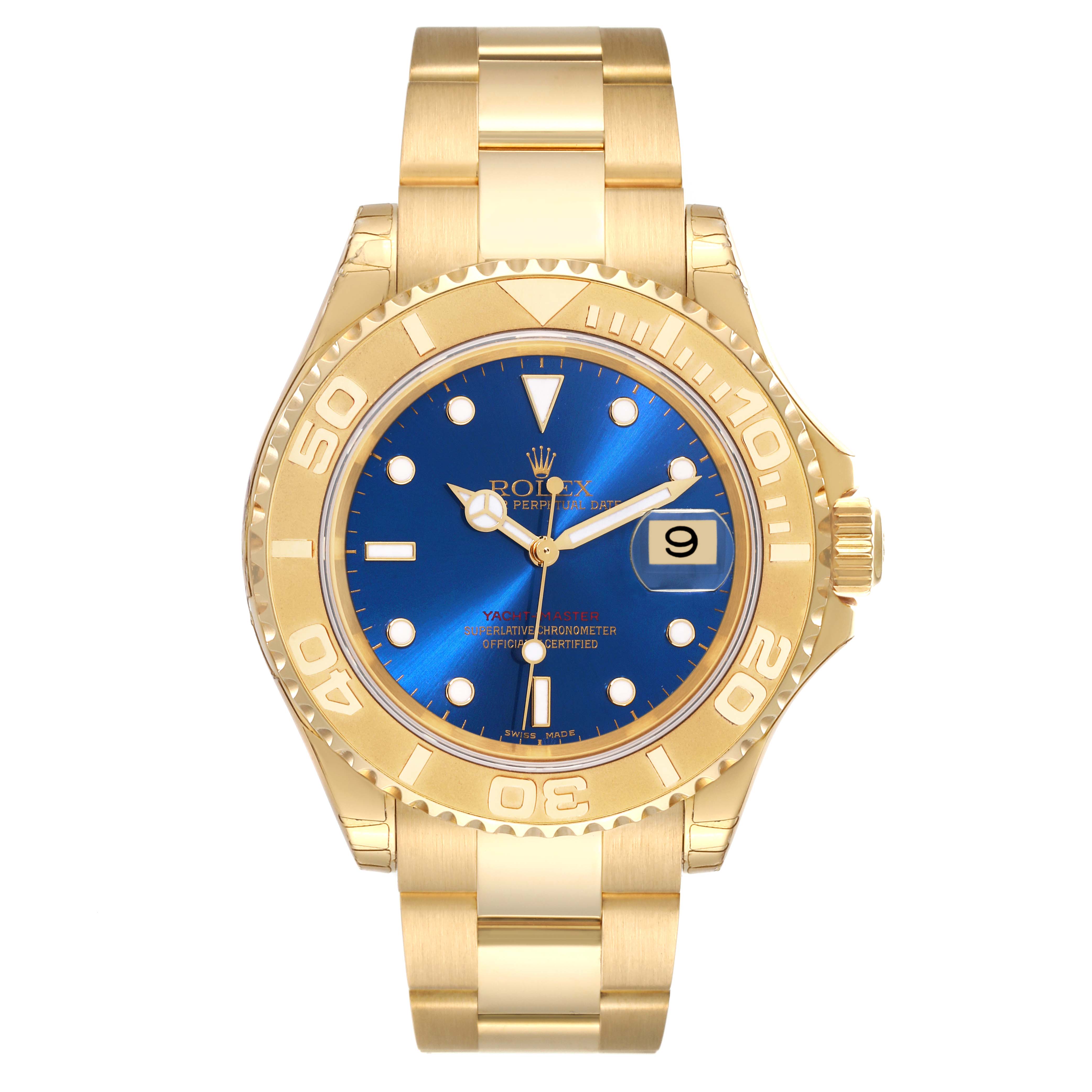 This image shows a front view of a Rolex Yacht-Master 16628 Men's Yellow Gold Blue Dial 16628 Men's Yellow Gold Blue Dial watch in gold with a blue dial.