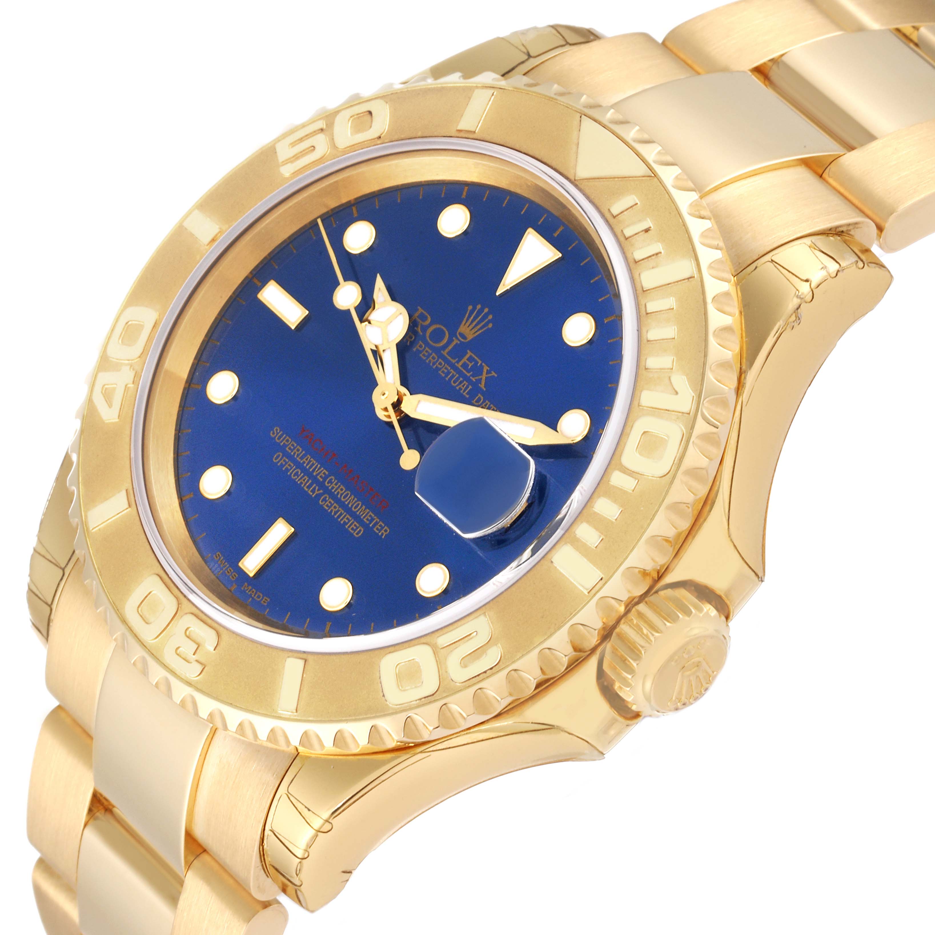 This image of the Rolex Yacht-Master 16628 Men's Yellow Gold Blue Dial 16628 Men's Yellow Gold Blue Dial watch shows the face, bezel, crown, and part of the bracelet at a slight angle.