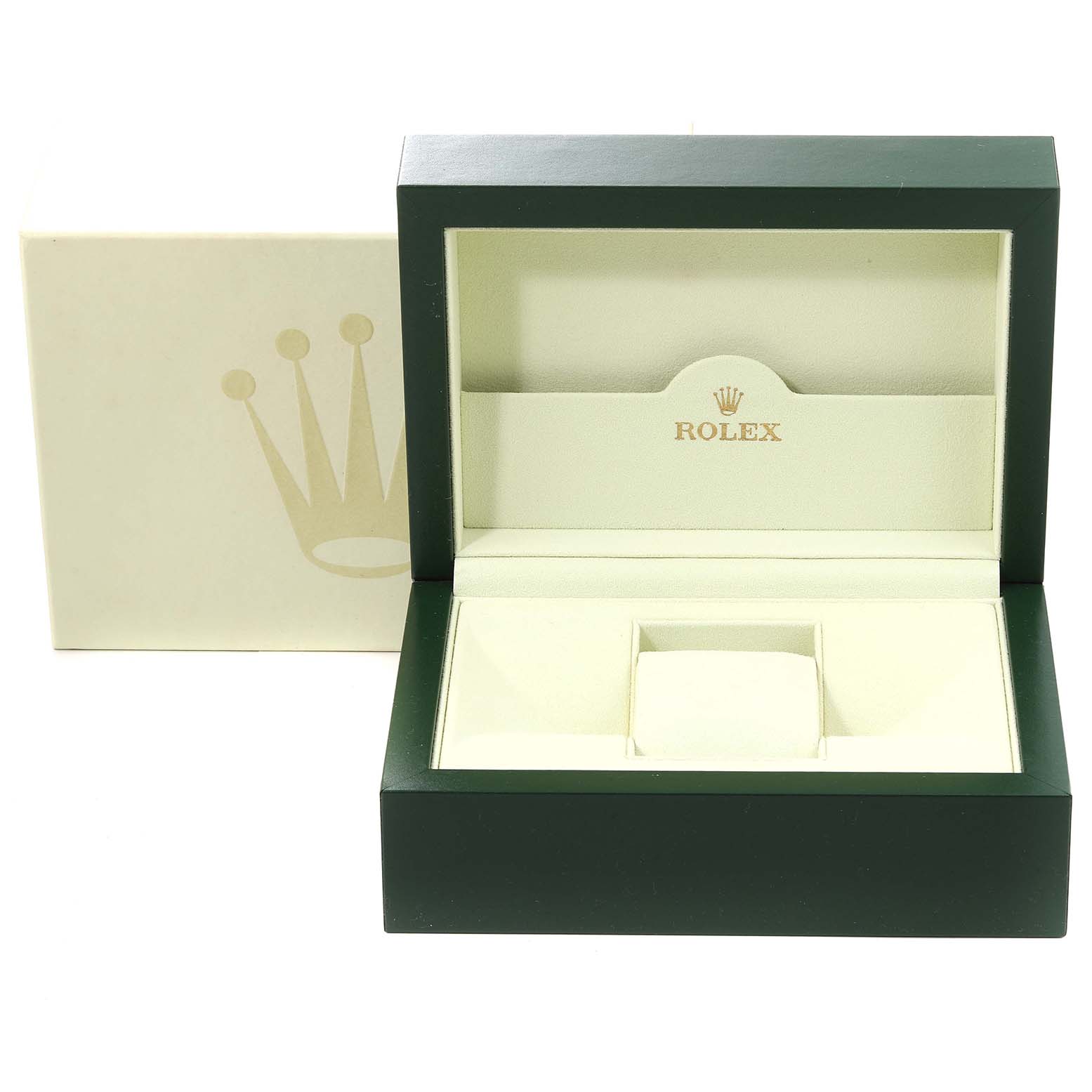 This image shows the open case for a Rolex Yacht-Master 16628 Men's Yellow Gold Blue Dial 16628 Men's Yellow Gold Blue Dial watch, featuring the Rolex logo inside the lid and on the outer box.