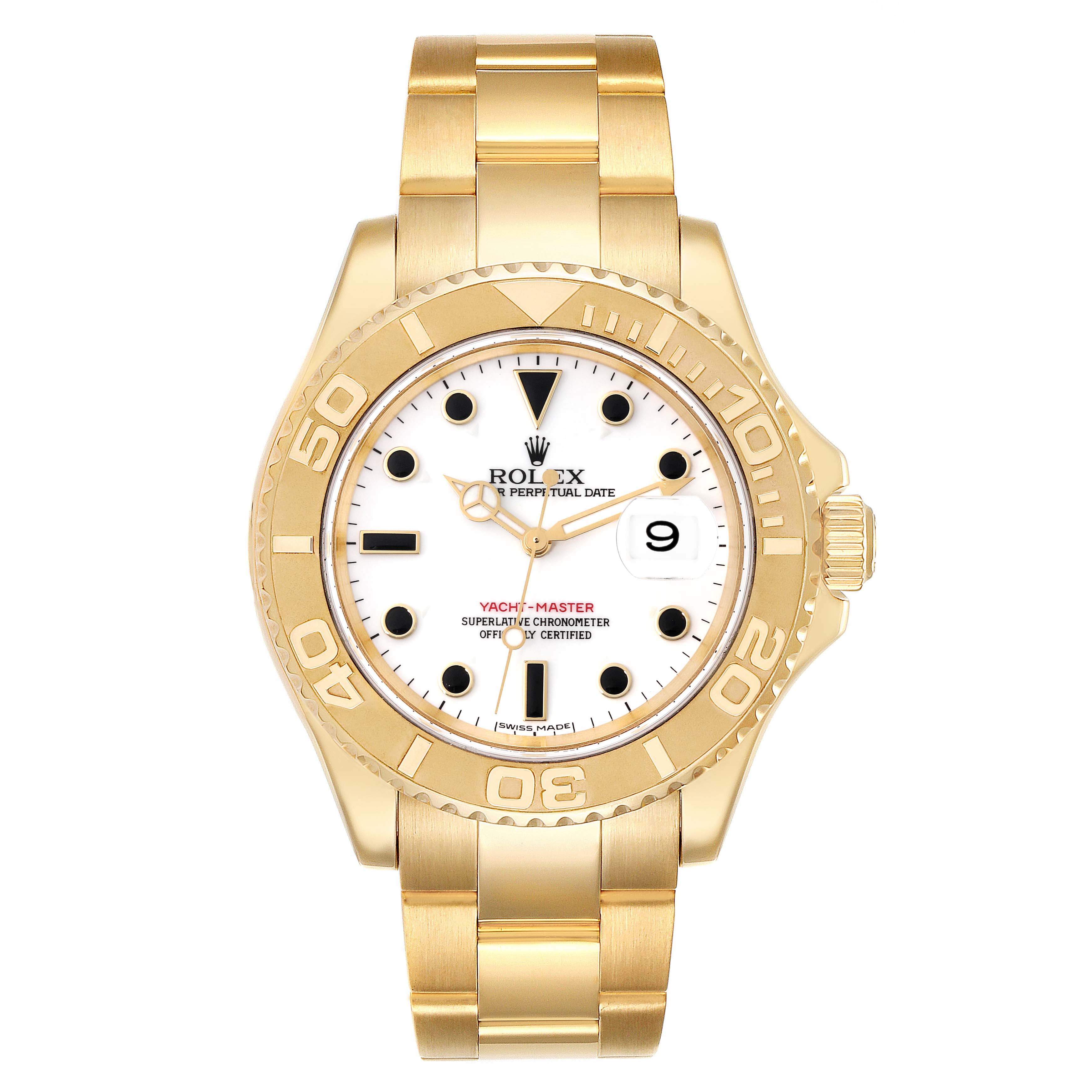 The image shows a front view of a Rolex Yacht-Master 16628 Men's Yellow Gold White Dial 16628 Men's Yellow Gold White Dial watch, highlighting its gold case, bezel, and bracelet.