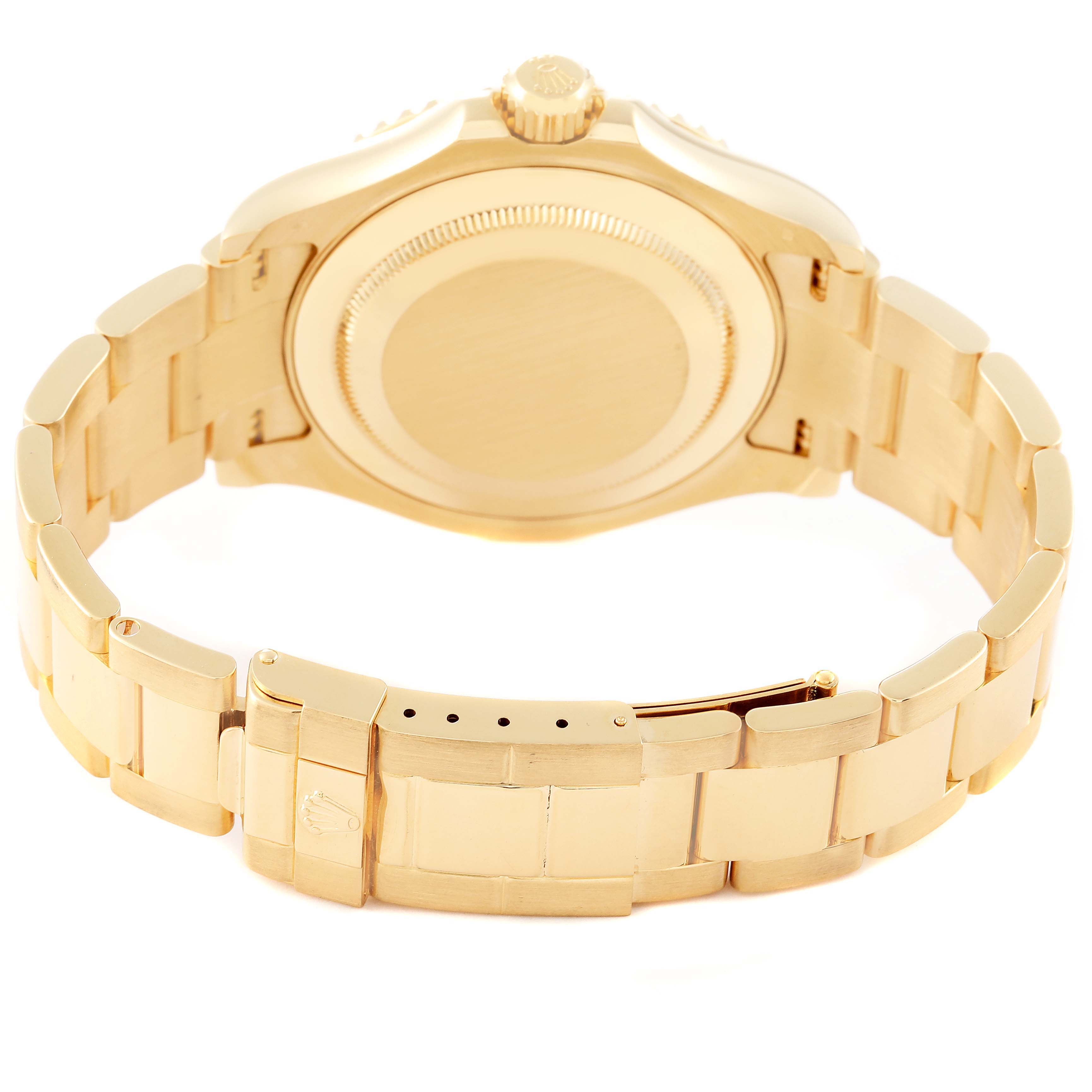 The image shows the back and clasp of a Rolex Yacht-Master 16628 Men's Yellow Gold White Dial 16628 Men's Yellow Gold White Dial watch from a rear angle.