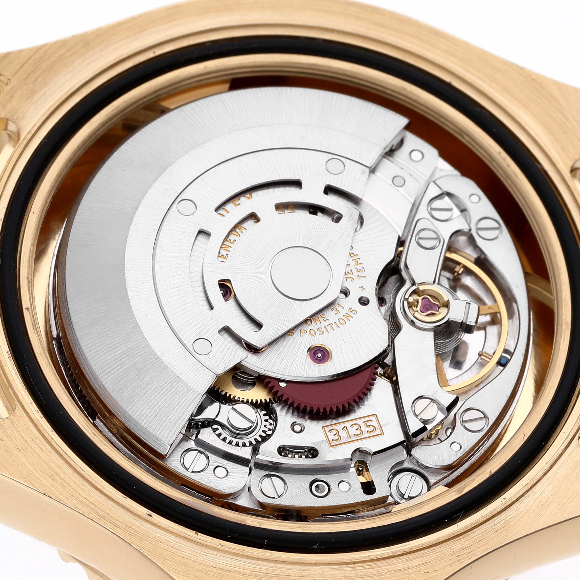 This image shows a close-up of the internal movement mechanism of a Rolex Yacht-Master 16628 Men's Yellow Gold White Dial 16628 Men's Yellow Gold White Dial watch.