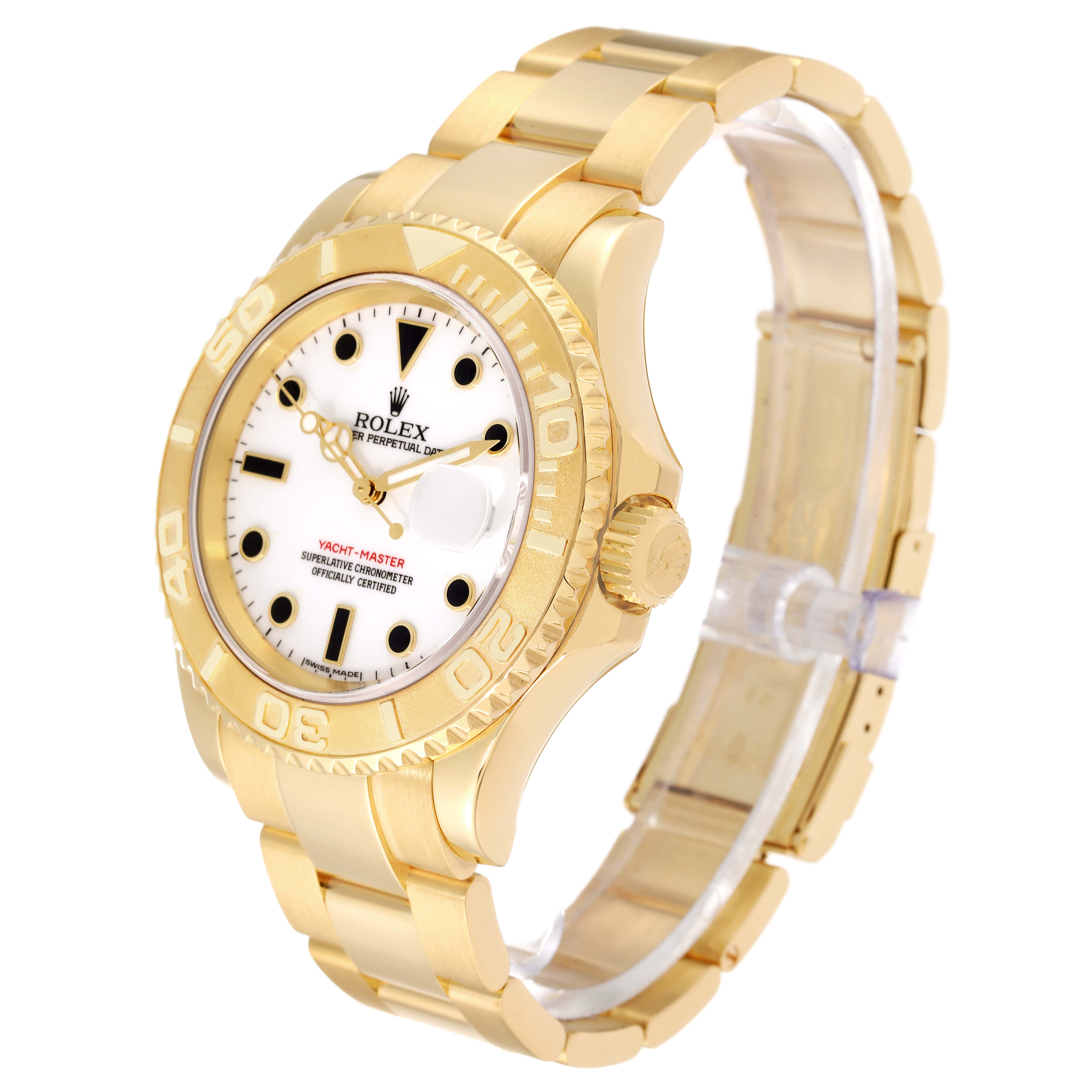This Rolex Yacht-Master 16628 Men's Yellow Gold White Dial 16628 Men's Yellow Gold White Dial watch is shown at an angle displaying the face, bezel, crown, and bracelet.