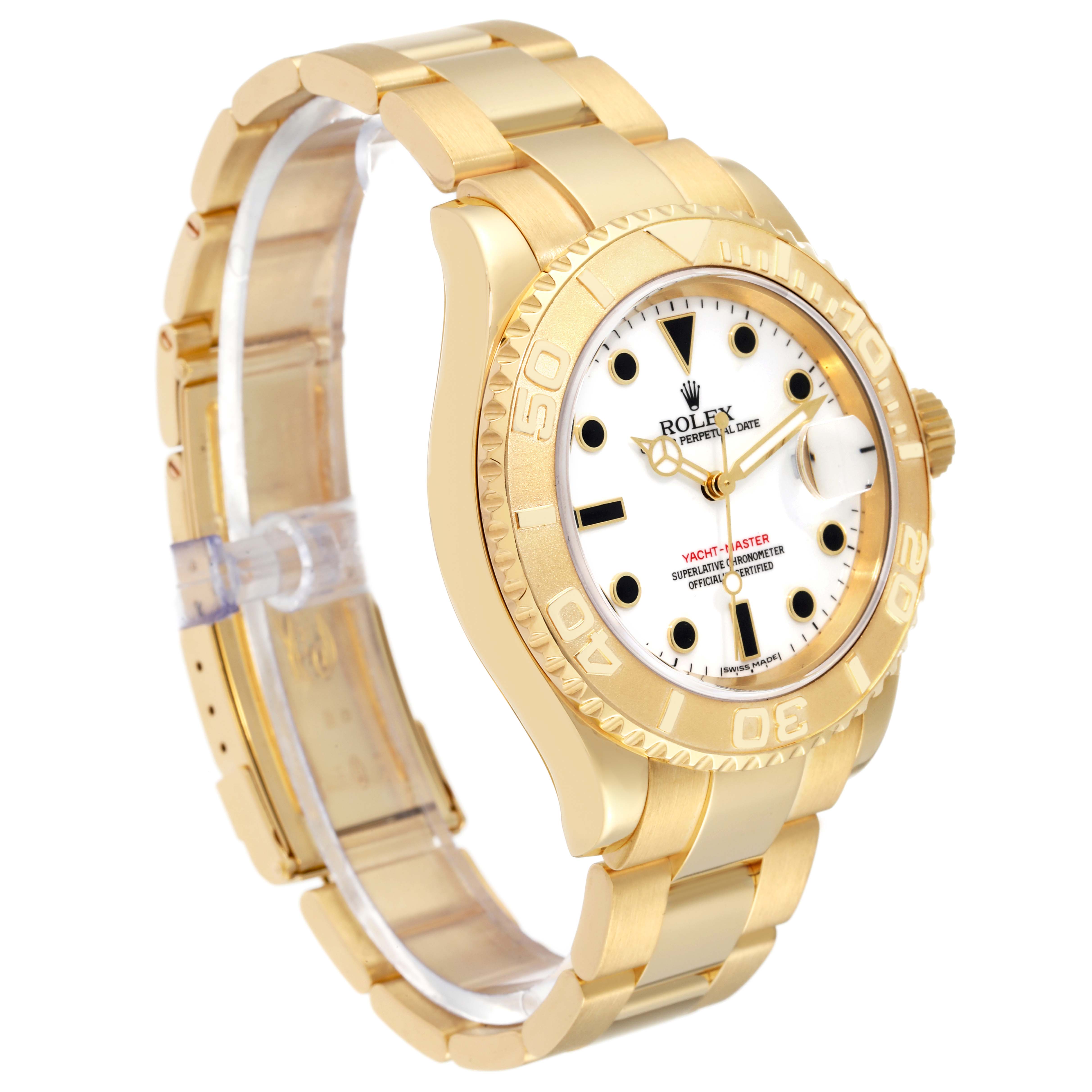 The image shows a Rolex Yacht-Master 16628 Men's Yellow Gold White Dial 16628 Men's Yellow Gold White Dial watch at a three-quarter angle, highlighting its gold case, bezel, dial, and bracelet.