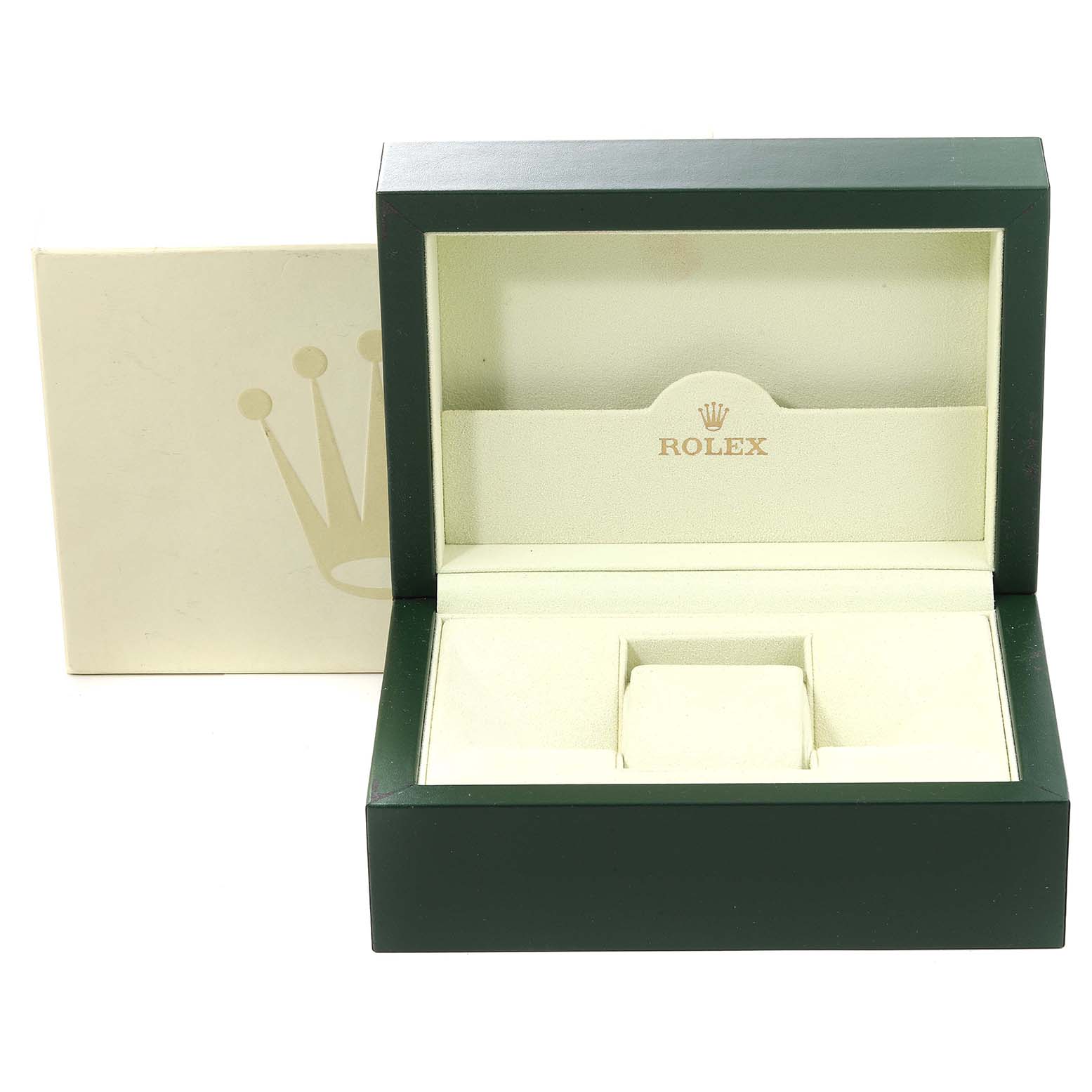 The image shows an open Rolex Yacht-Master 16628 Men's Yellow Gold White Dial 16628 Men's Yellow Gold White Dial watch box and the outer box from a front angle.