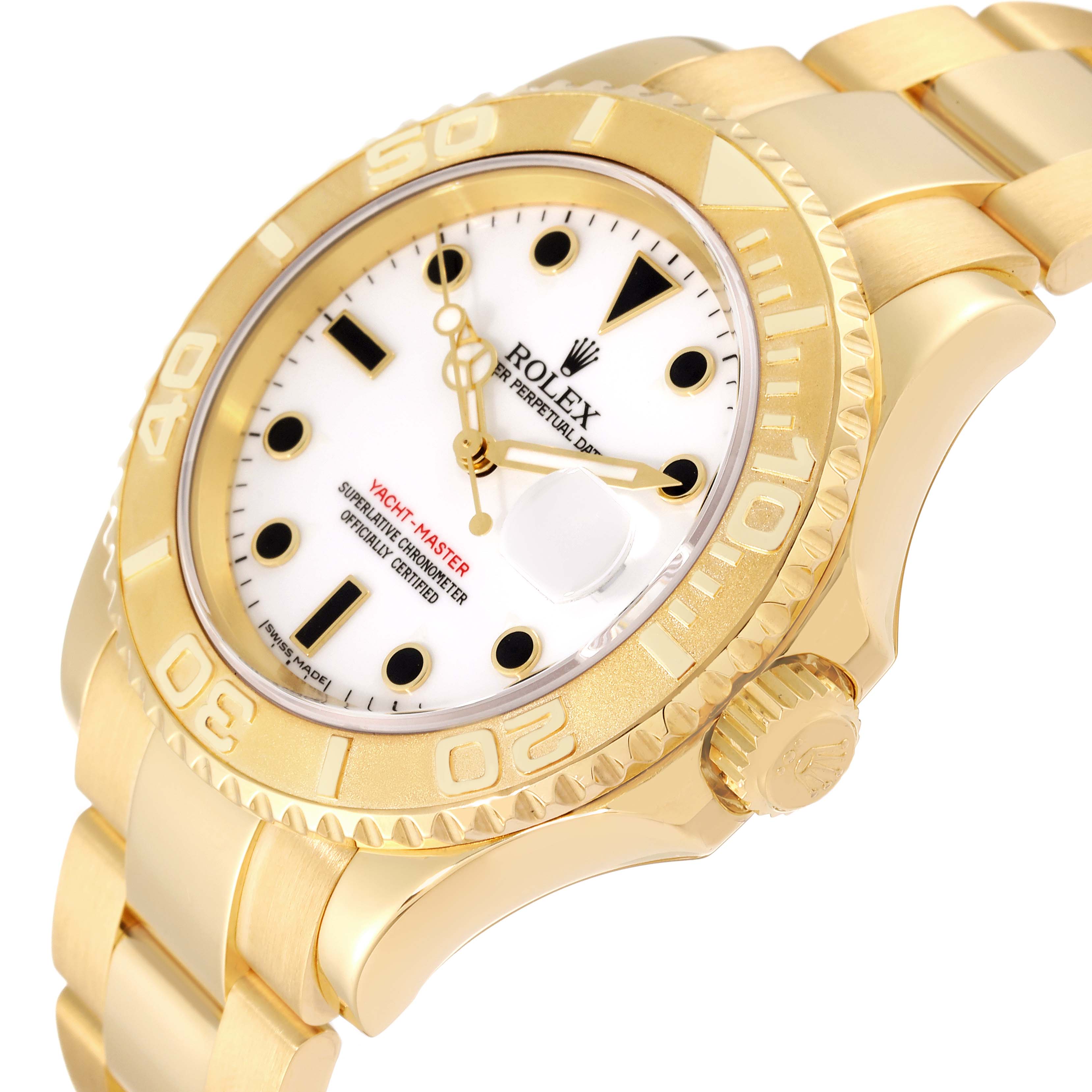 This image shows a side-angle view of a Rolex Yacht-Master 16628 Men's Yellow Gold White Dial 16628 Men's Yellow Gold White Dial watch, highlighting its gold bezel, crown, and bracelet.