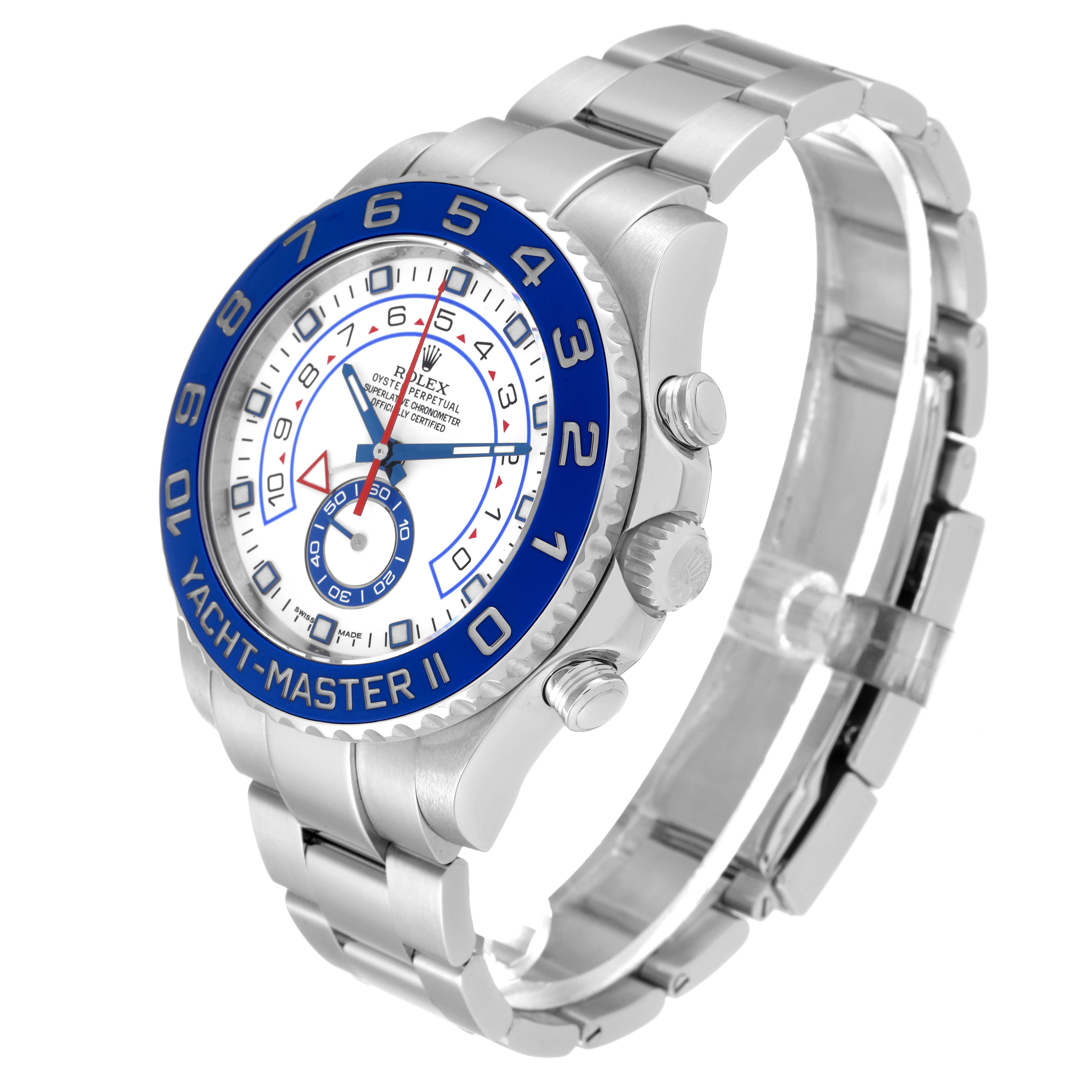 The image shows a Rolex Yacht-Master 116680 Men's Stainless Steel White Dial 116680 Men's Stainless Steel White Dial II watch from a slight side angle, highlighting the face, bezel, and bracelet.