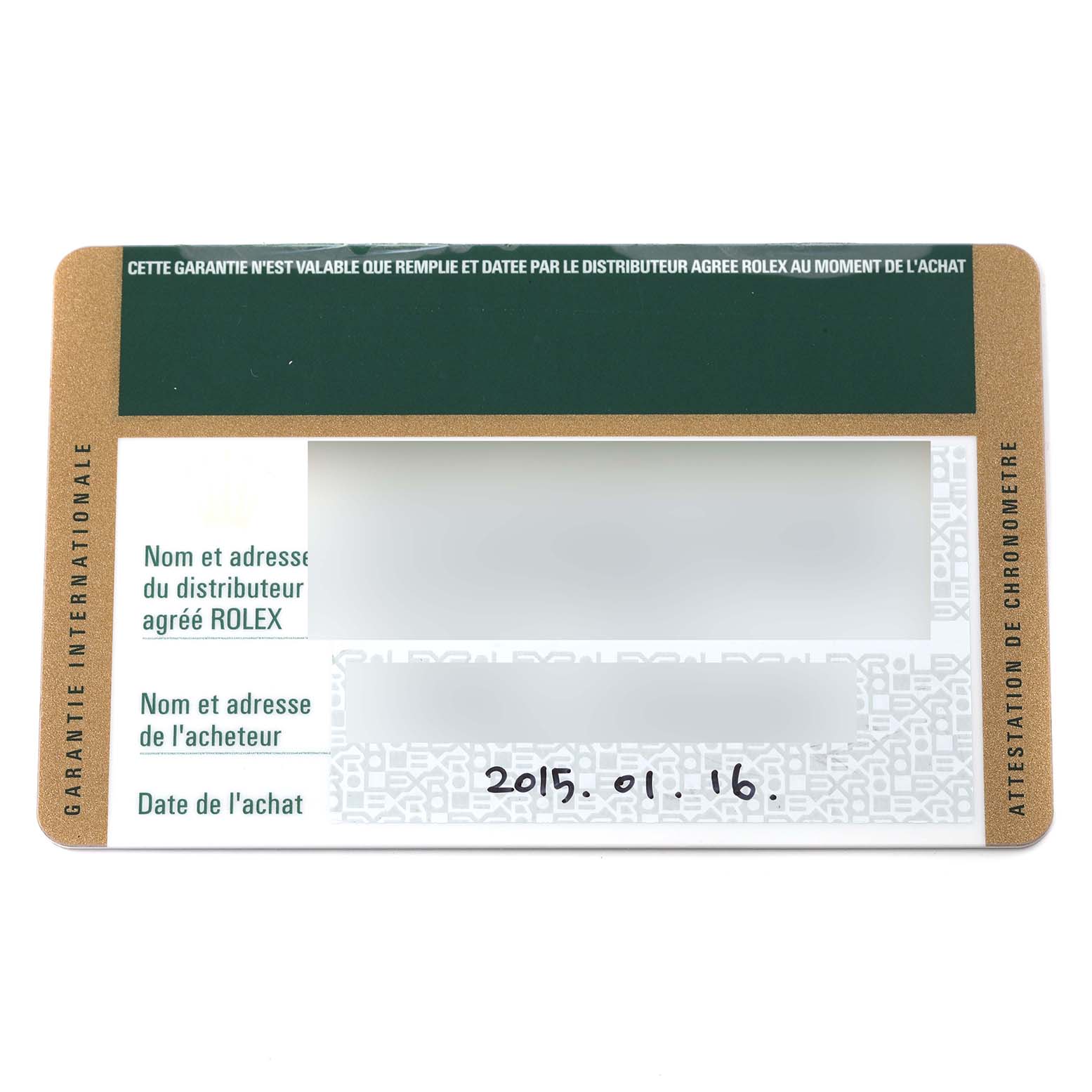 This image shows the warranty card for a Rolex Yacht-Master 116680 Men's Stainless Steel White Dial 116680 Men's Stainless Steel White Dial watch, including purchase date and distributor details.