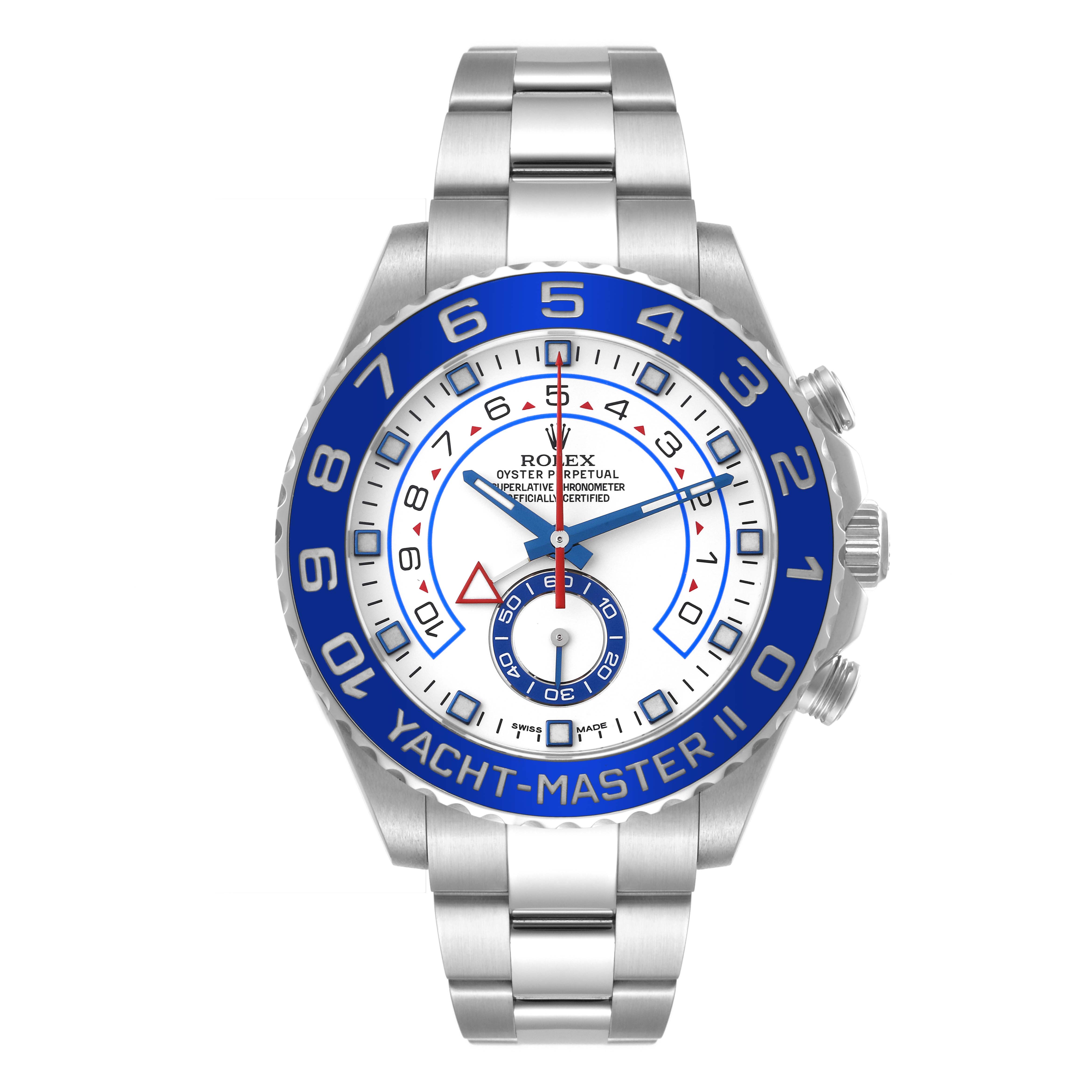 This image shows a front view of the Rolex Yacht-Master 116680 Men's Stainless Steel White Dial 116680 Men's Stainless Steel White Dial watch, highlighting the dial, bezel, and bracelet.