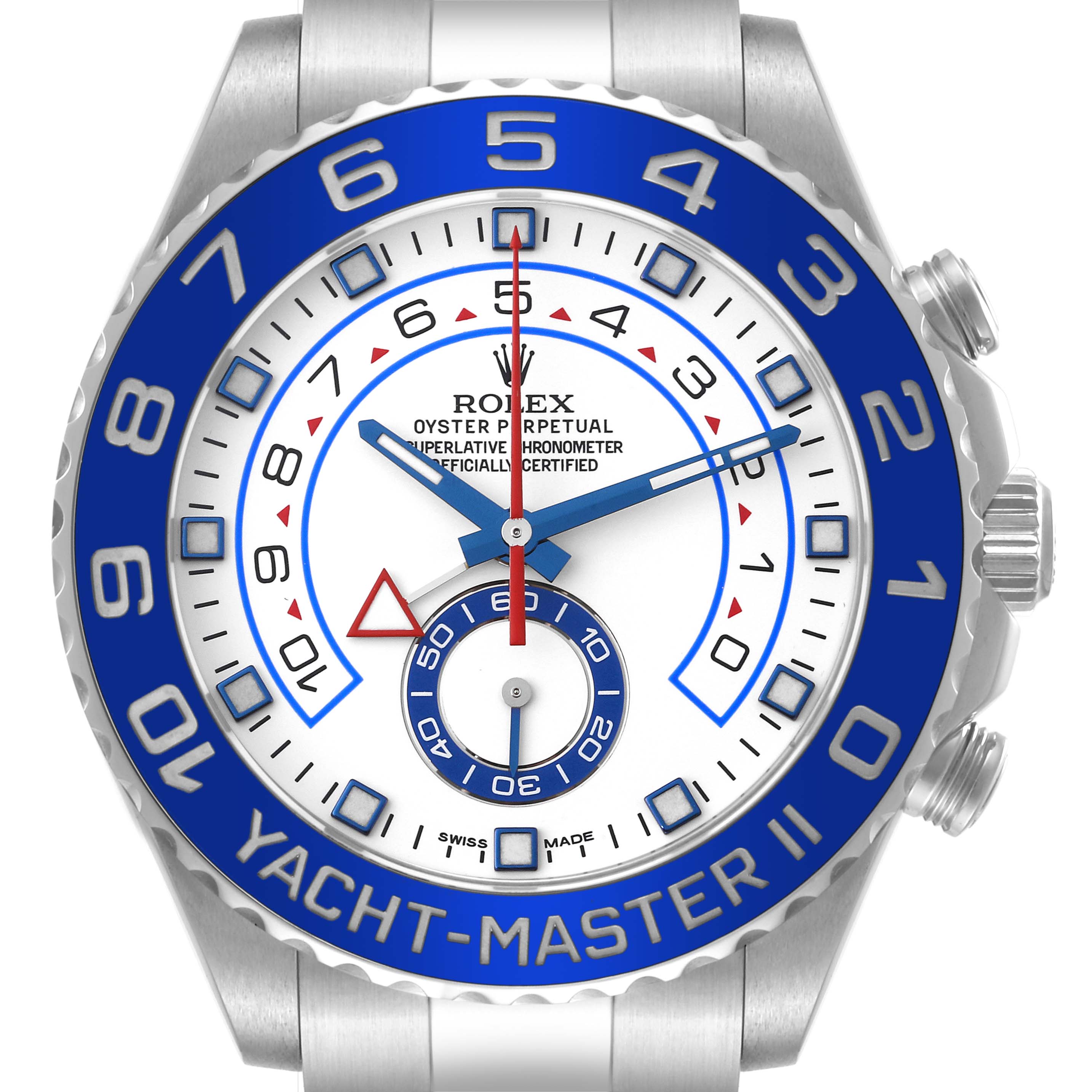 The image shows a front view of the Rolex Yacht-Master 116680 Men's Stainless Steel White Dial 116680 Men's Stainless Steel White Dial II watch, highlighting its dial and bezel.