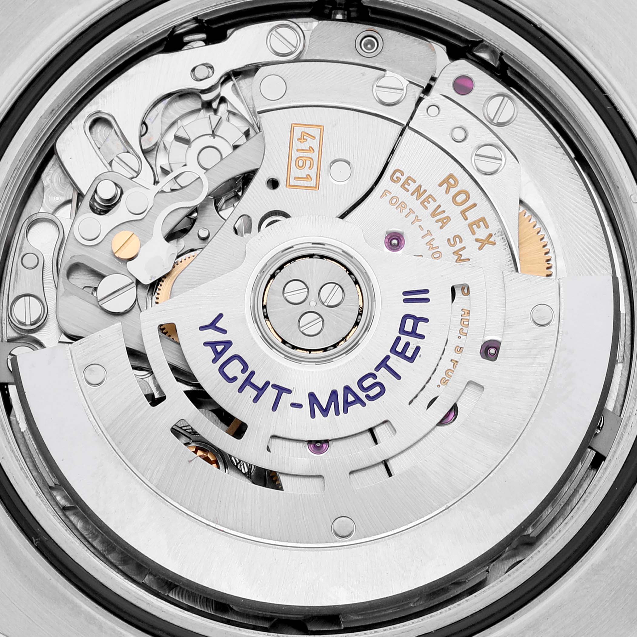 This image shows the inner mechanical movement of a Rolex Yacht-Master 116680 Men's Stainless Steel White Dial 116680 Men's Stainless Steel White Dial II watch from a top-down angle.