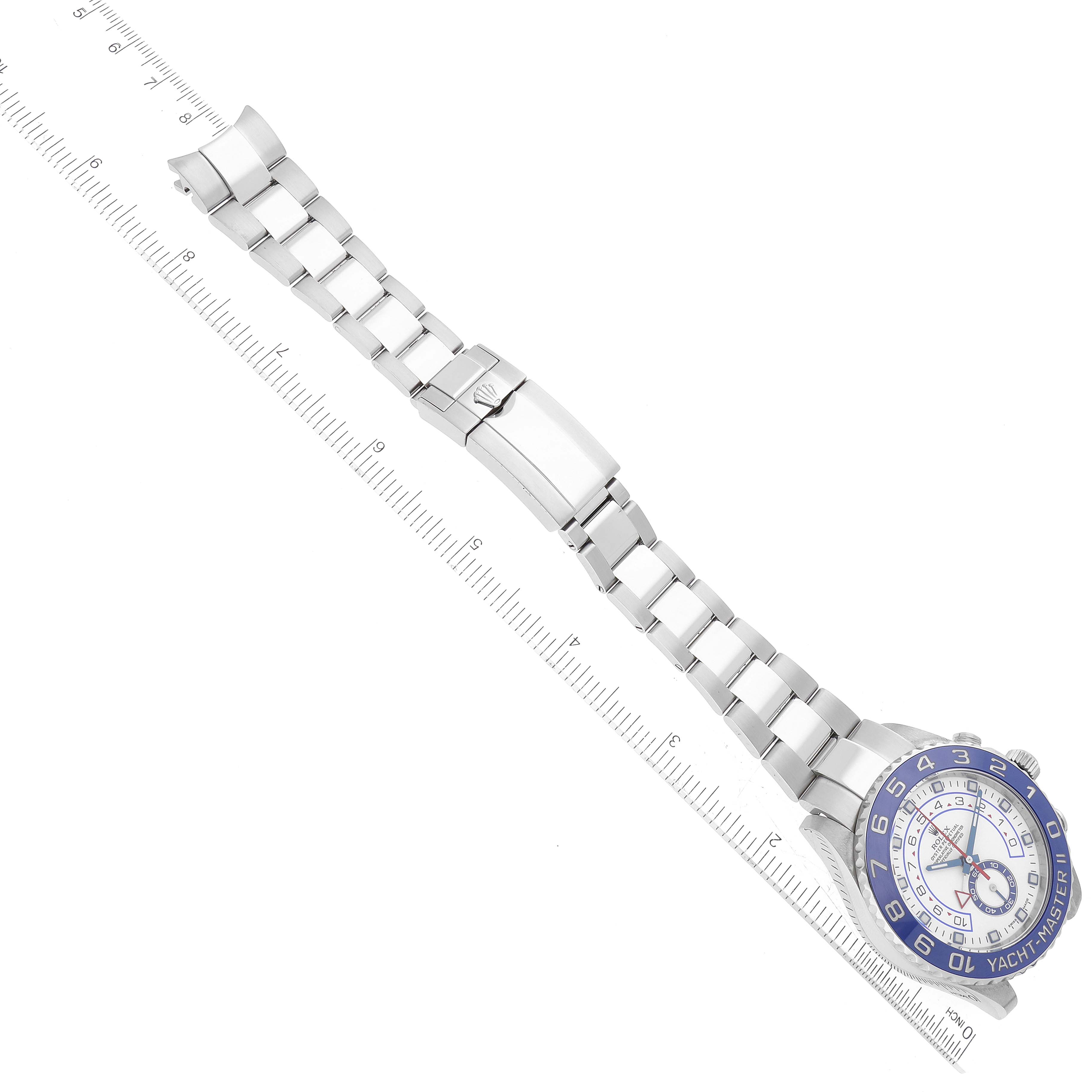 The image shows the Rolex Yacht-Master 116680 Men's Stainless Steel White Dial 116680 Men's Stainless Steel White Dial watch from an overhead angle, displaying the watch face, bracelet, and clasp.