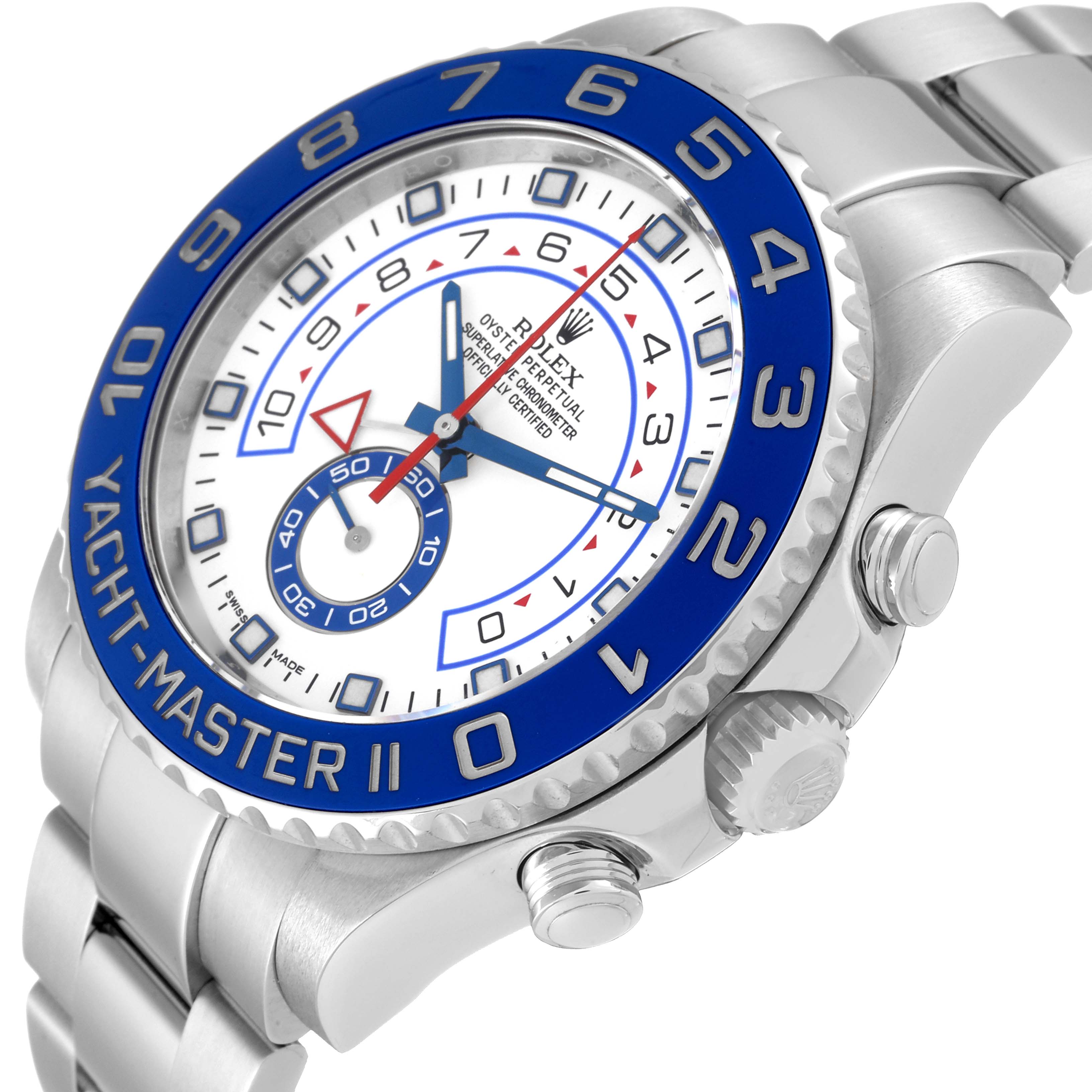 The image shows a close-up angled view of the Rolex Yacht-Master 116680 Men's Stainless Steel White Dial 116680 Men's Stainless Steel White Dial II watch, highlighting the bezel, crown, and part of the bracelet.