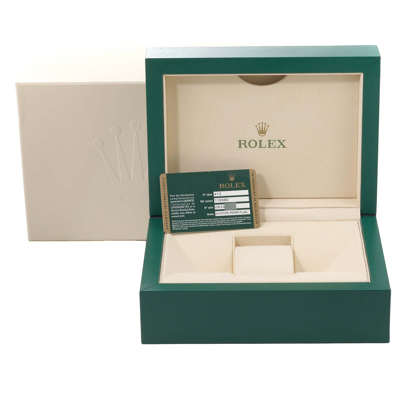 The image shows the open packaging box, warranty card, and empty interior slots for the Rolex Yacht-Master 116680 Men's Stainless Steel White Dial 116680 Men's Stainless Steel White Dial watch.
