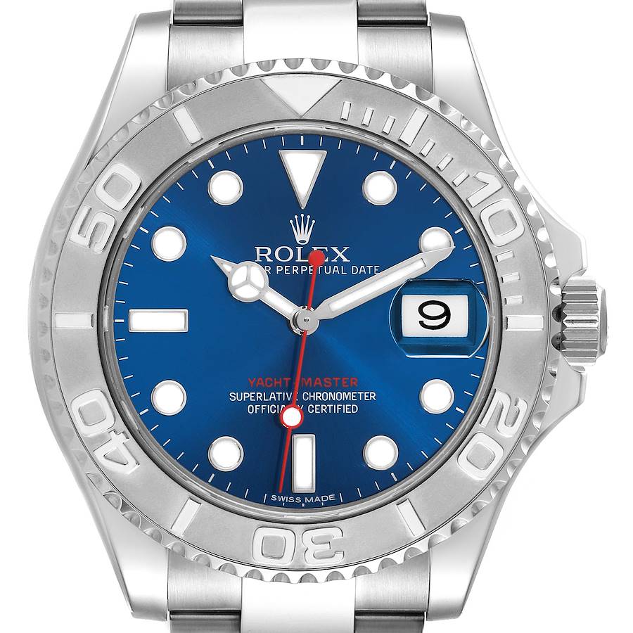 The Rolex Yacht-Master watch is shown from a front angle, highlighting the bezel, dial, crown, and bracelet.