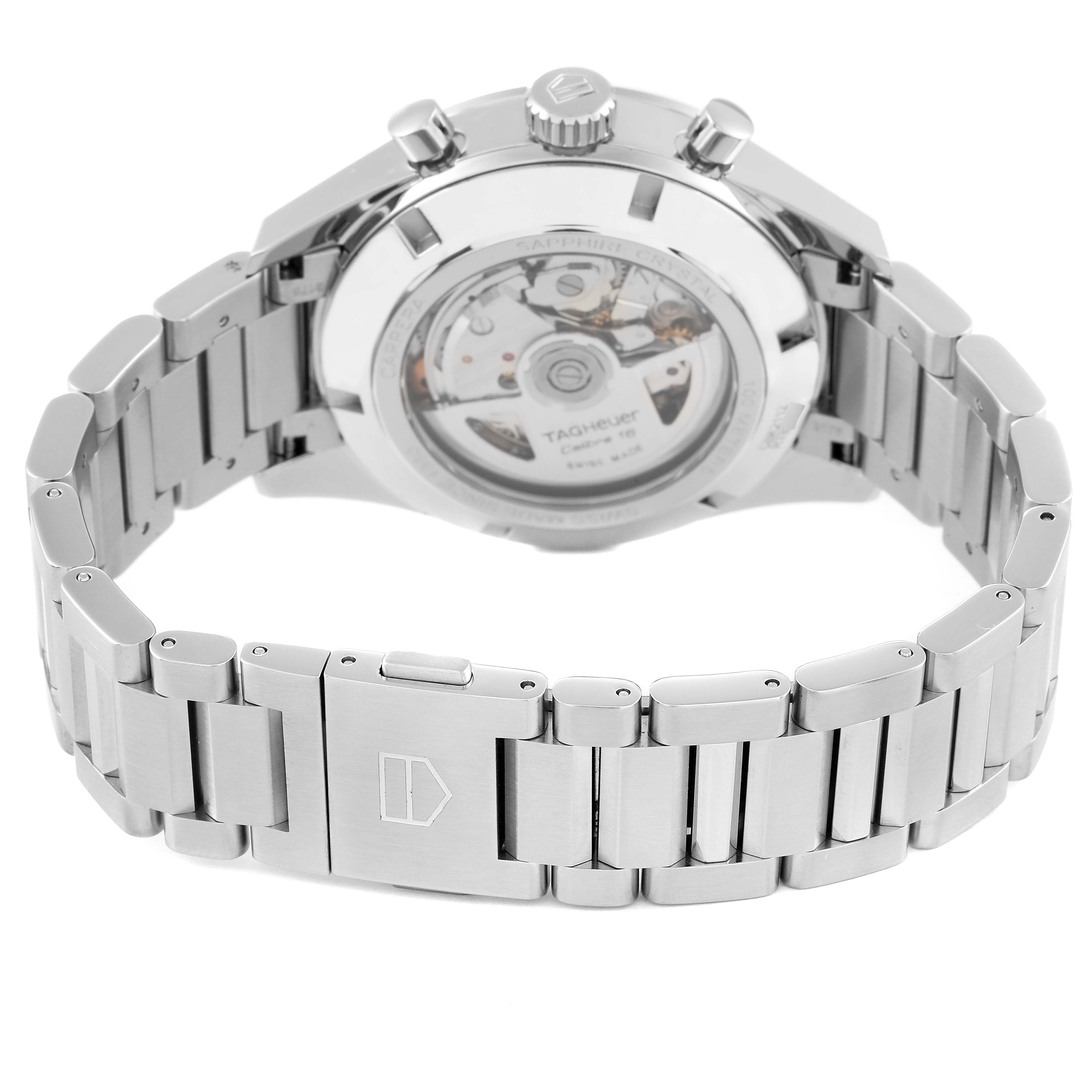 This image shows the back view of a Tag Heuer Carrera CBK2112.BA0715 Men's Stainless Steel Blue Dial CBK2112.BA0715 Men's Stainless Steel Blue Dial watch, highlighting the case back and metal bracelet.