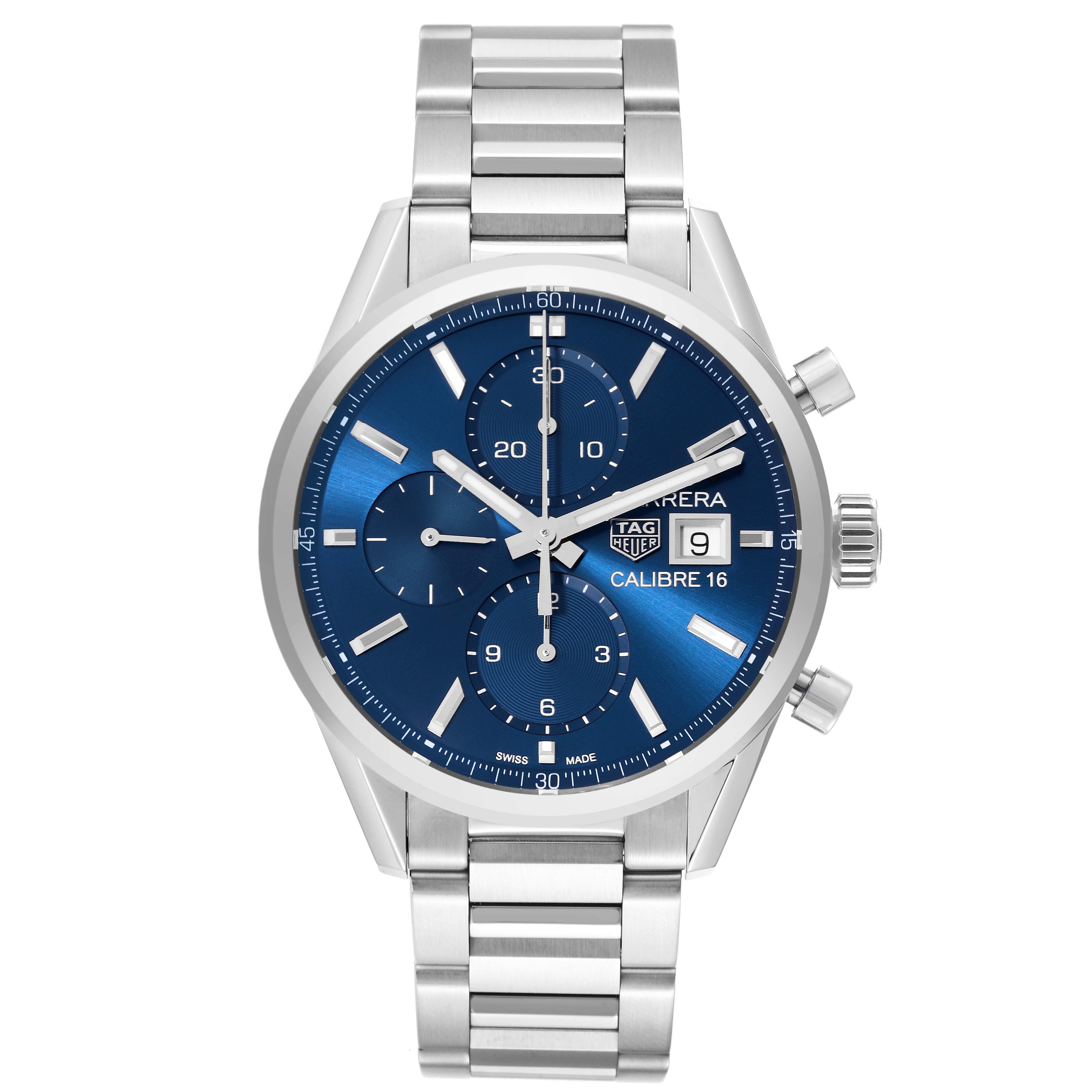 The image shows the front view of a Tag Heuer Carrera CBK2112.BA0715 Men's Stainless Steel Blue Dial CBK2112.BA0715 Men's Stainless Steel Blue Dial watch, featuring a blue dial, chronograph functions, and a stainless steel bracelet.