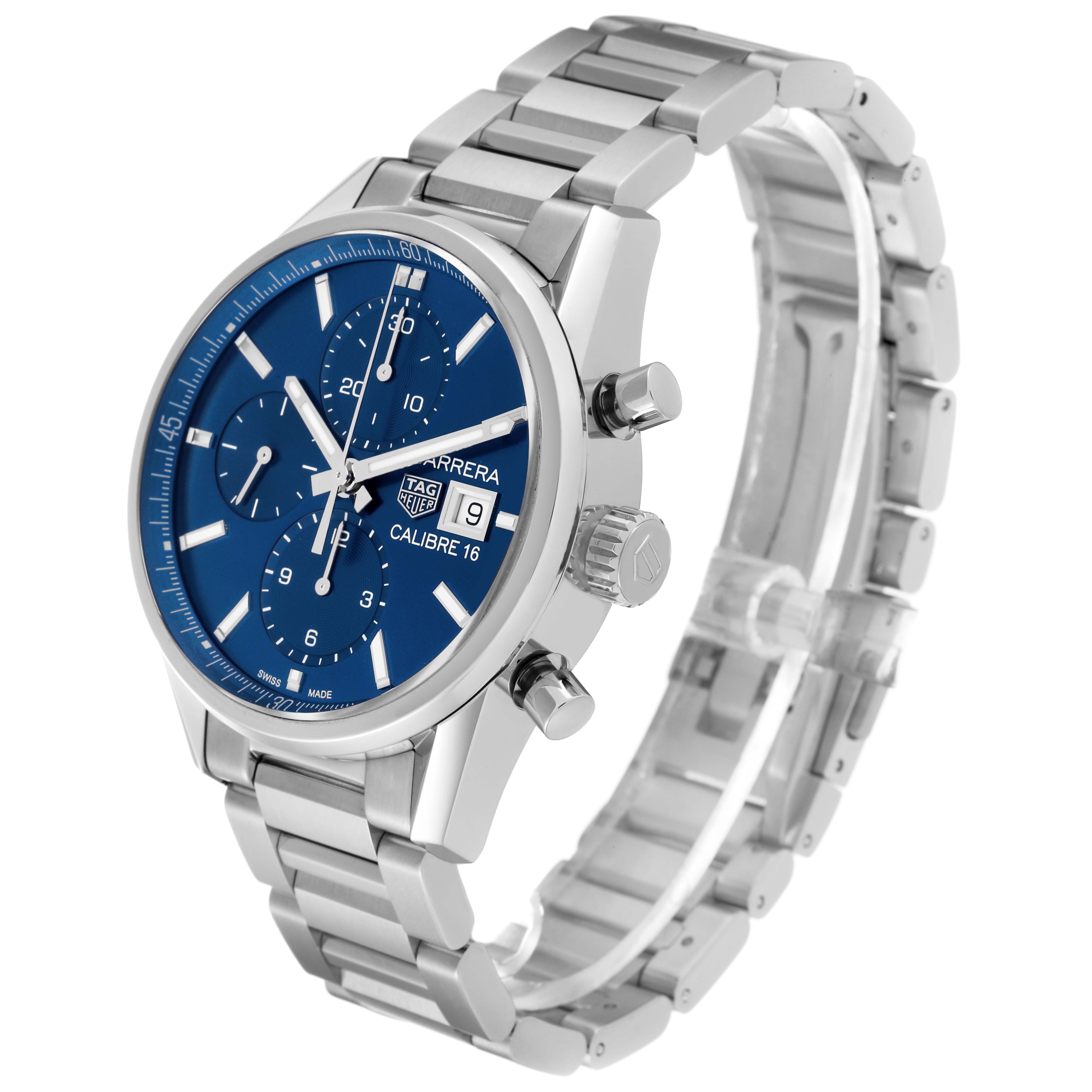 This image shows a Tag Heuer Carrera CBK2112.BA0715 Men's Stainless Steel Blue Dial CBK2112.BA0715 Men's Stainless Steel Blue Dial watch with a blue dial and stainless steel bracelet, viewed from the front-right angle.