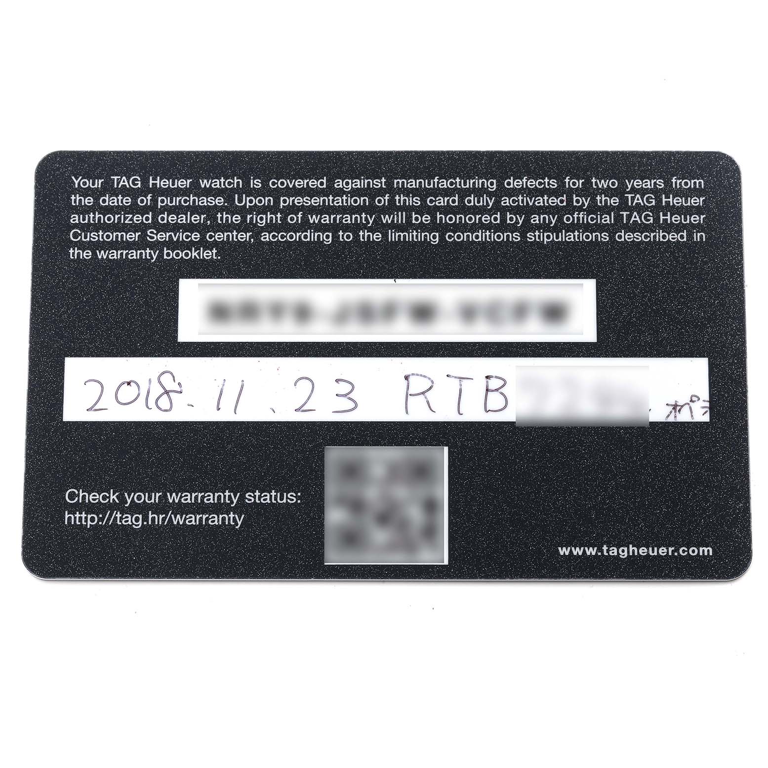 The image shows a warranty card for the Tag Heuer Carrera CBK2112.BA0715 Men's Stainless Steel Blue Dial CBK2112.BA0715 Men's Stainless Steel Blue Dial watch, viewed from the front.