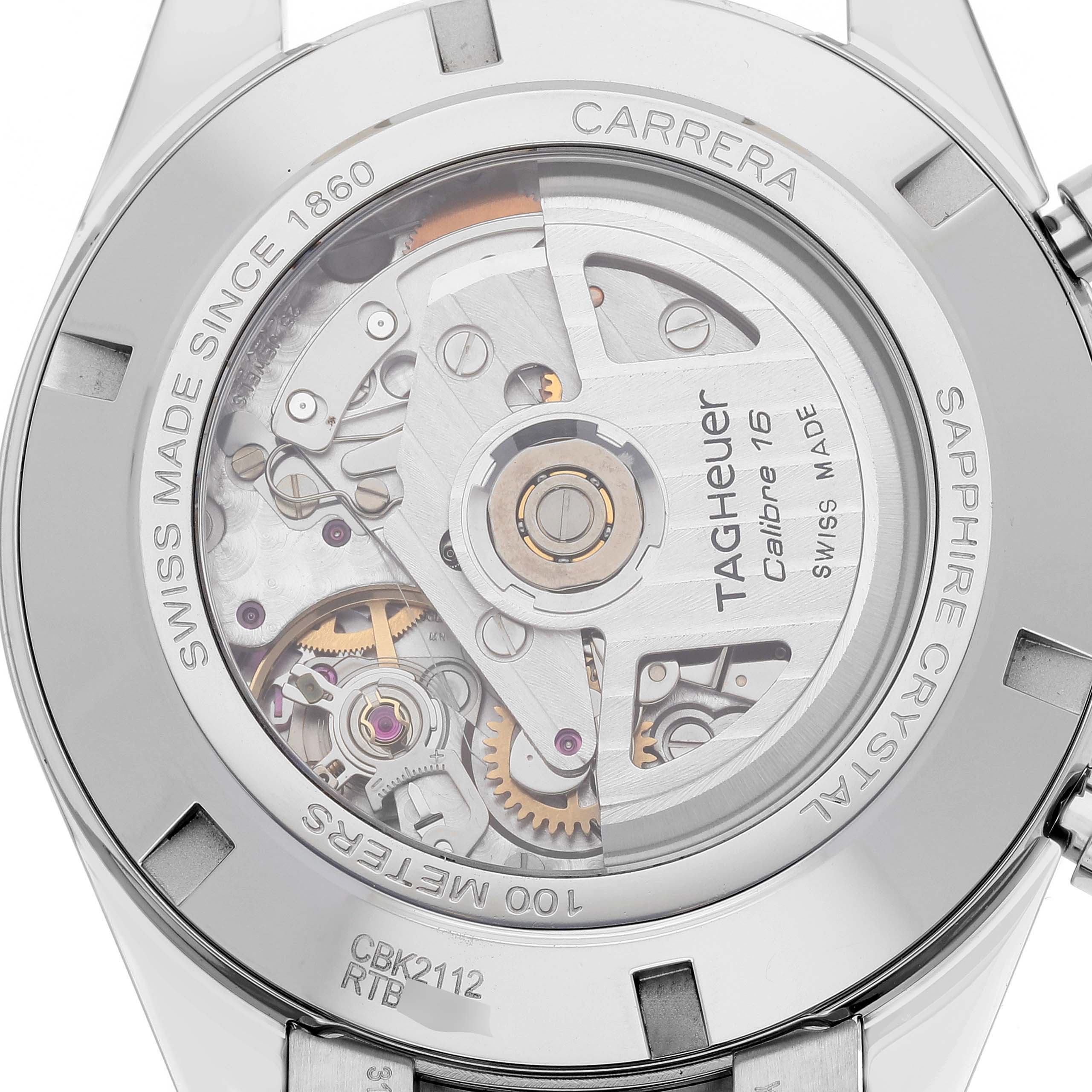 The image shows the rear view of a Tag Heuer Carrera CBK2112.BA0715 Men's Stainless Steel Blue Dial CBK2112.BA0715 Men's Stainless Steel Blue Dial watch emphasizing its internal movement and Calibre 16 mechanism.