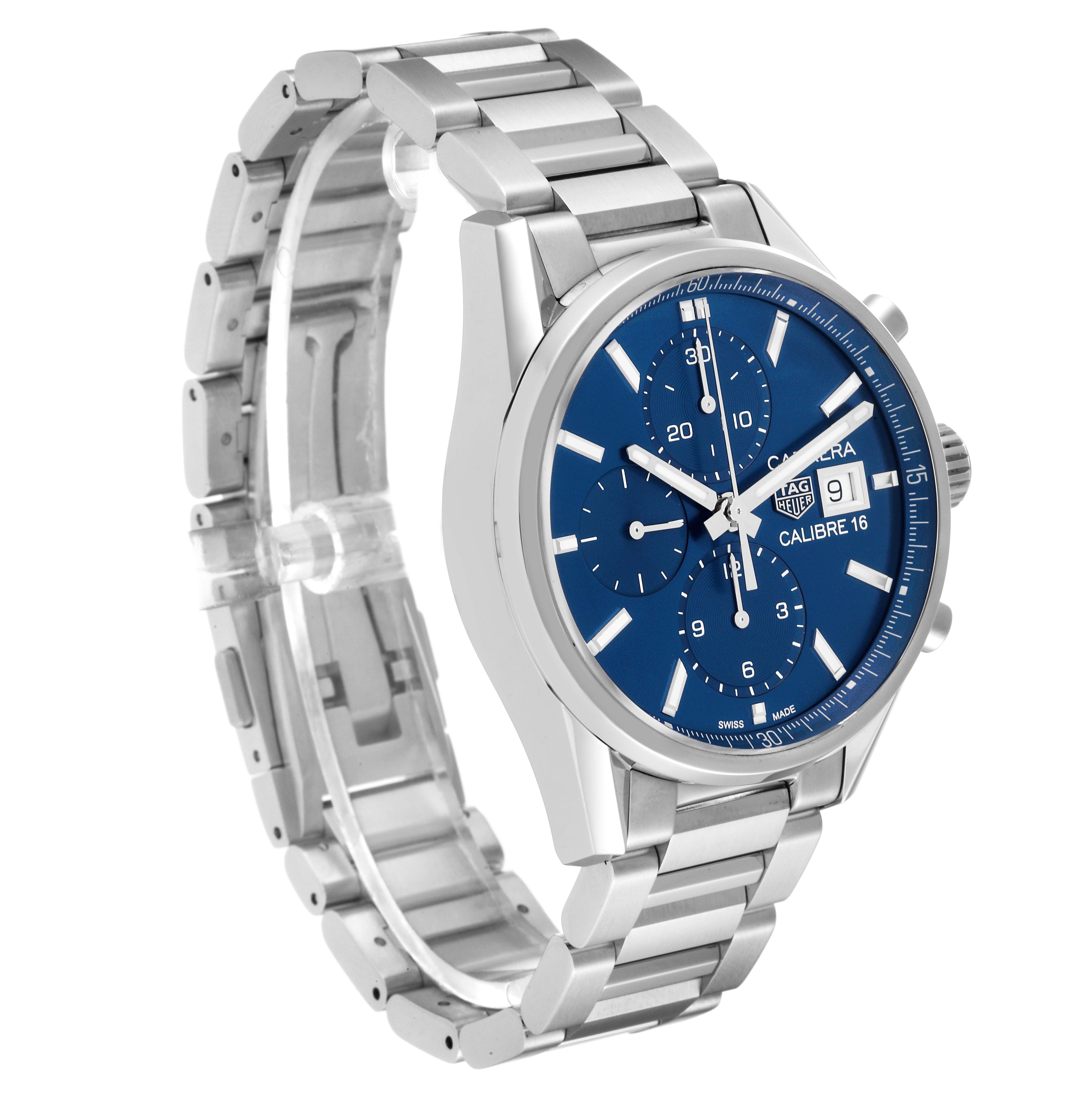 The image shows a side-angle view of the Tag Heuer Carrera CBK2112.BA0715 Men's Stainless Steel Blue Dial CBK2112.BA0715 Men's Stainless Steel Blue Dial watch displaying the face, bezel, crown, and band.