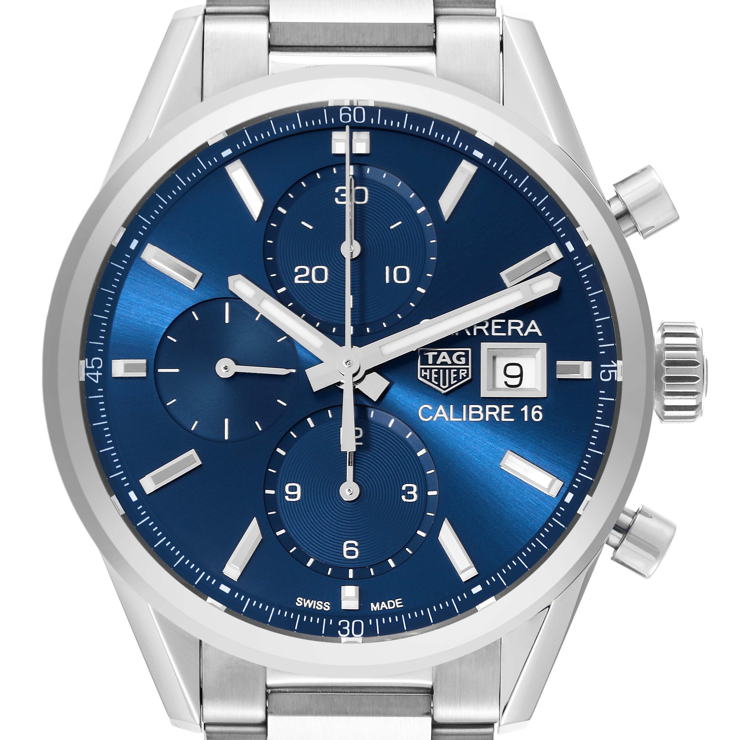 This is a head-on view of the Tag Heuer Carrera CBK2112.BA0715 Men's Stainless Steel Blue Dial CBK2112.BA0715 Men's Stainless Steel Blue Dial Calibre 16 watch, showing the dial, chronograph subdials, and date window.