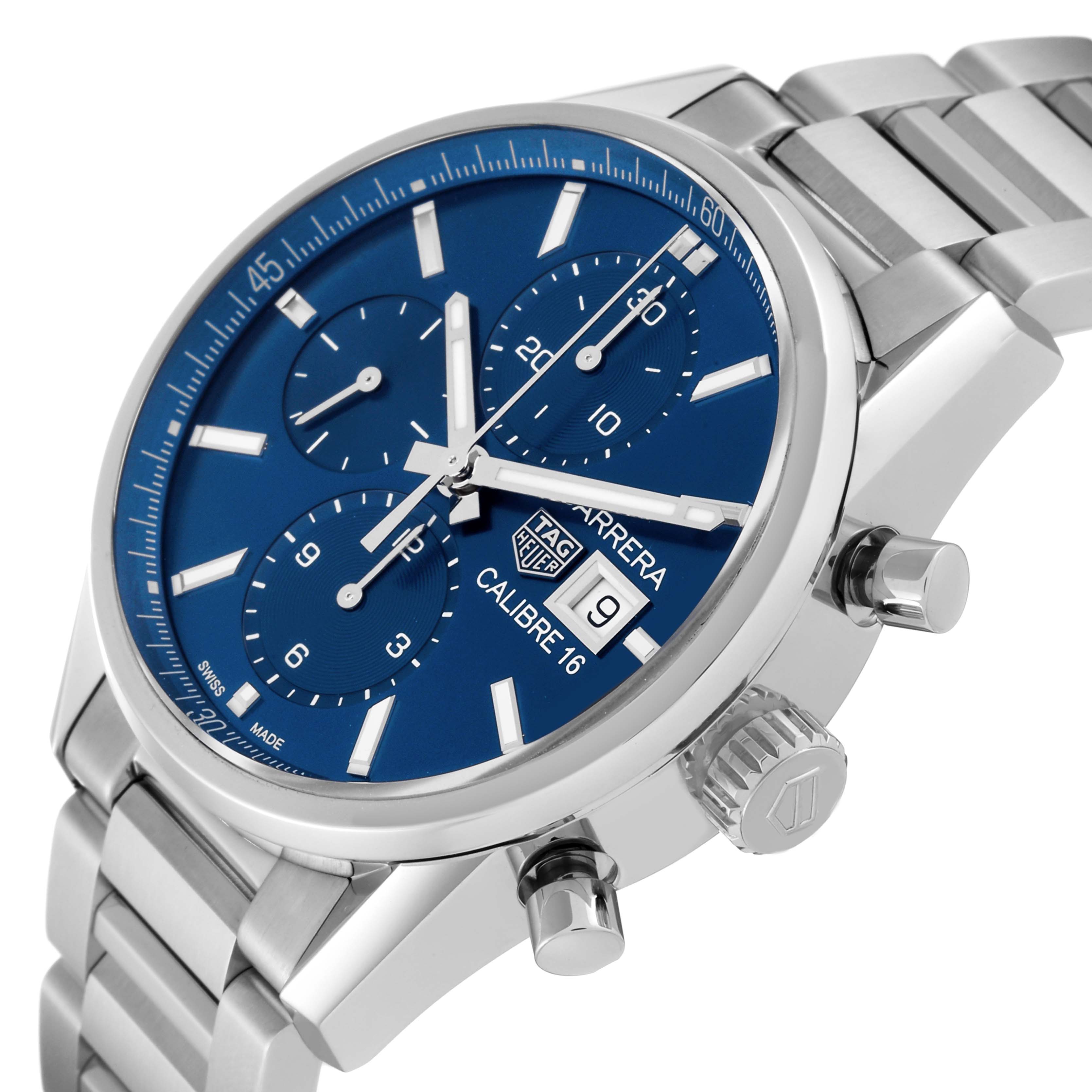 The image shows an angled view of a Tag Heuer Carrera CBK2112.BA0715 Men's Stainless Steel Blue Dial CBK2112.BA0715 Men's Stainless Steel Blue Dial watch, highlighting the dial, chronograph, crown, and metal bracelet.