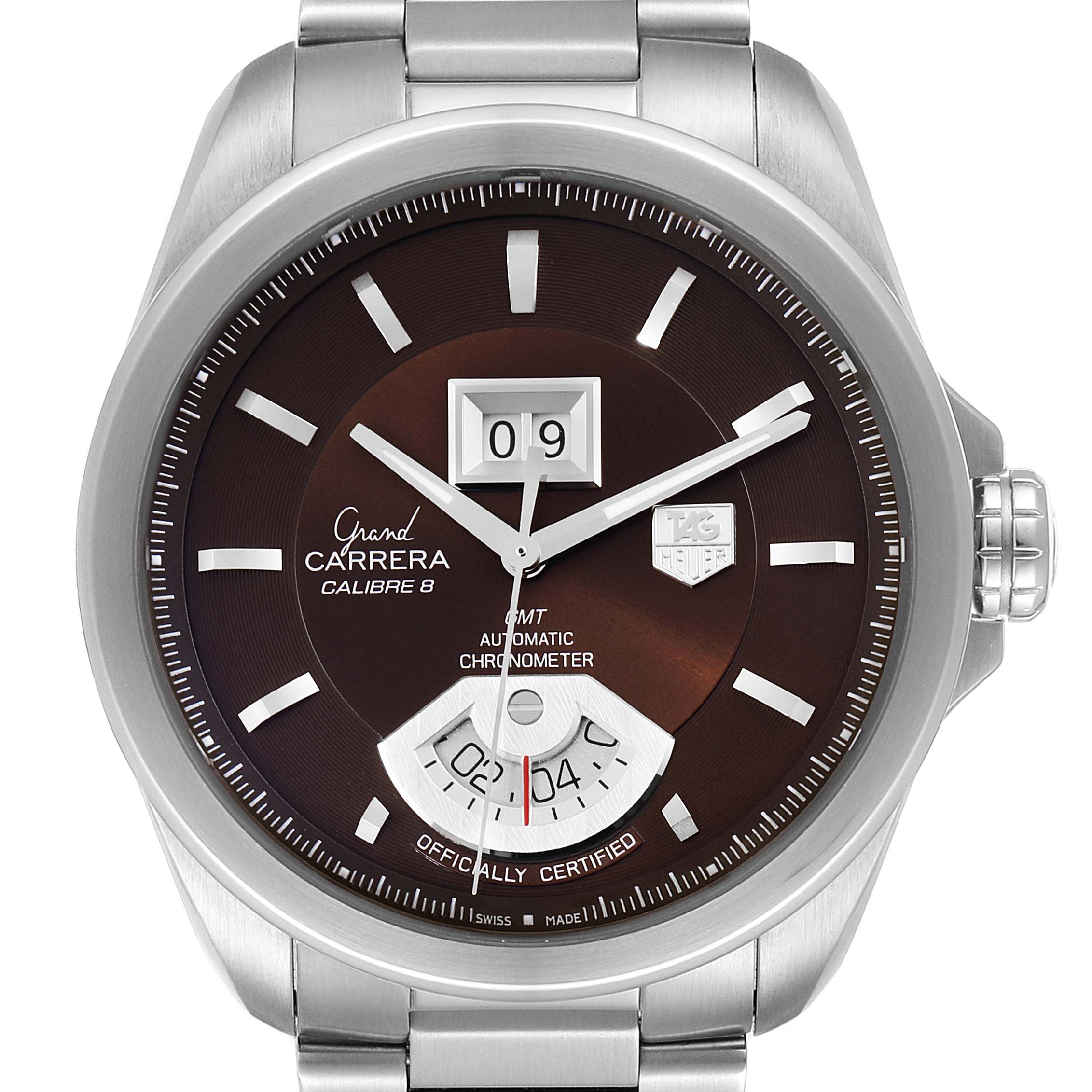 This is a front view of the Tag Heuer Carrera WAV5113.BA0901 Men's Stainless Steel Brown Dial WAV5113.BA0901 Men's Stainless Steel Brown Dial model watch, showing the dial, hands, date display, and part of the bracelet.