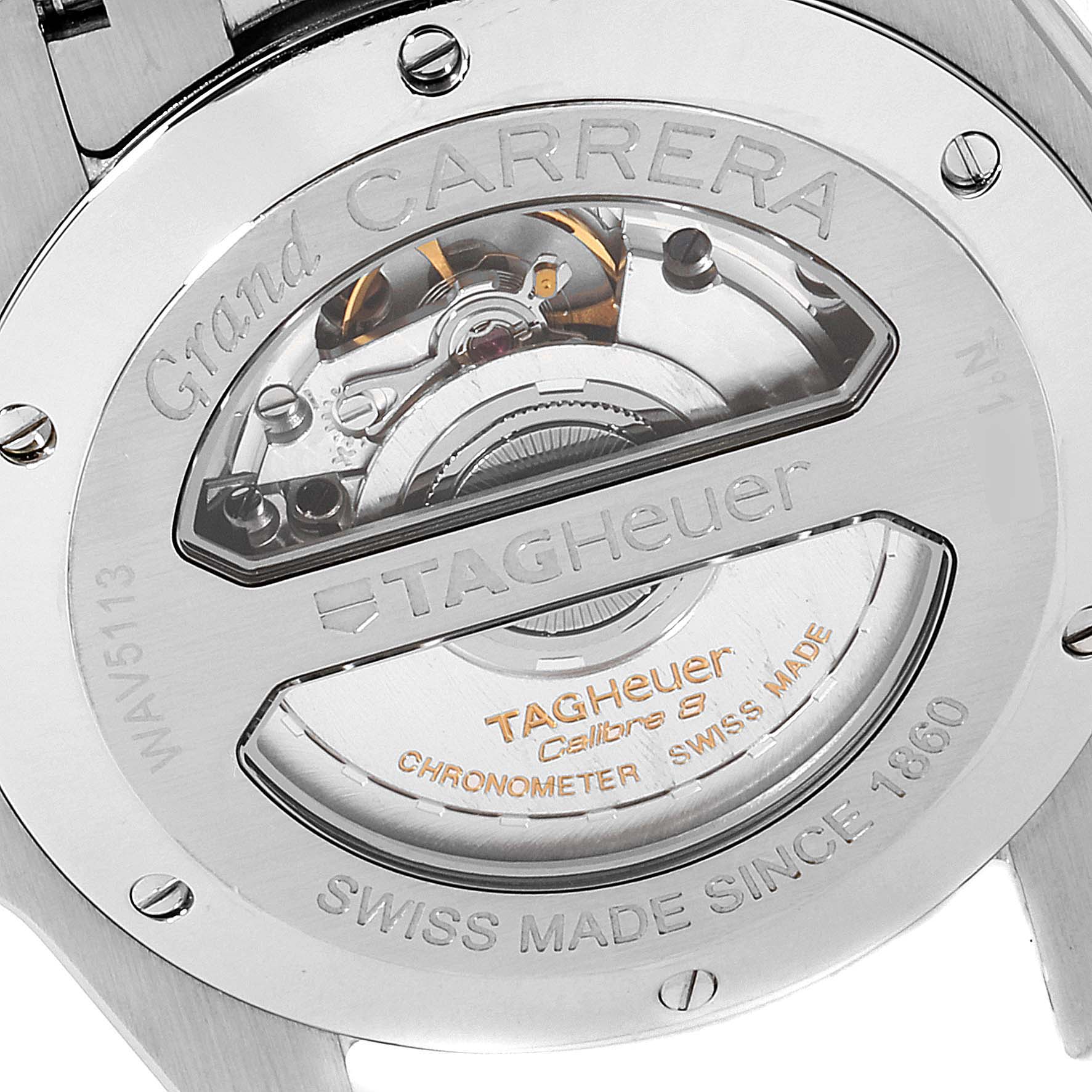 The image shows the back view of the Tag Heuer Carrera WAV5113.BA0901 Men's Stainless Steel Brown Dial WAV5113.BA0901 Men's Stainless Steel Brown Dial watch, revealing the inner mechanical movement.
