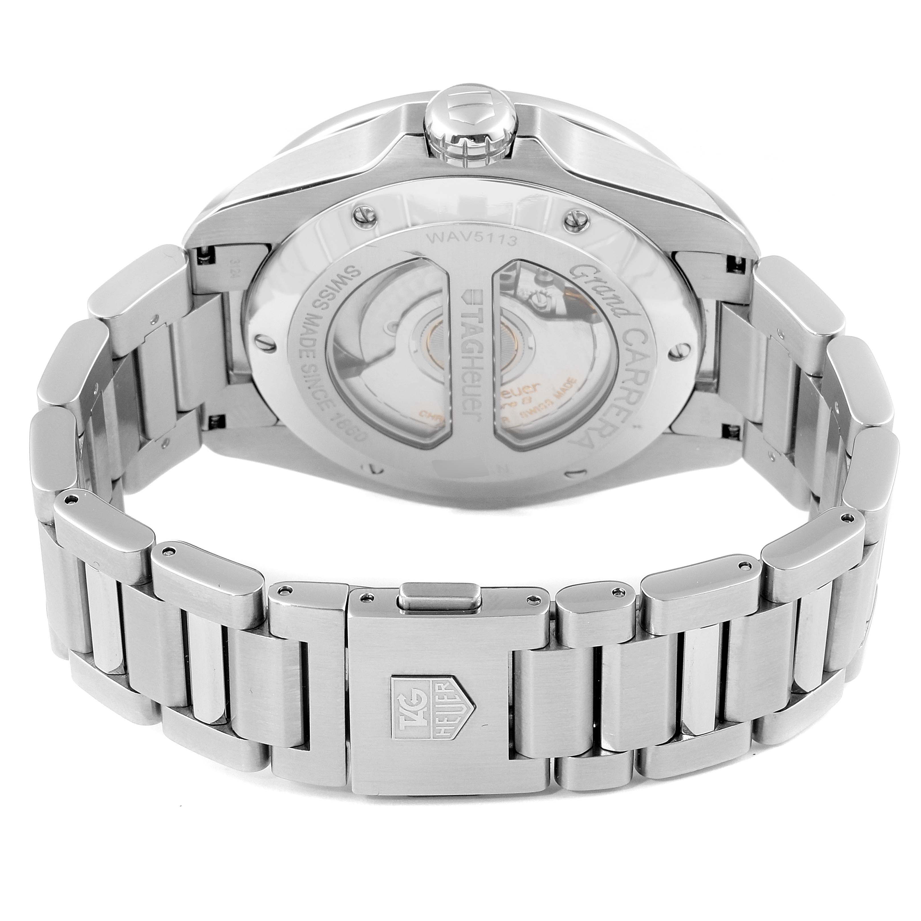 The image shows the back view of a Tag Heuer Carrera WAV5113.BA0901 Men's Stainless Steel Brown Dial WAV5113.BA0901 Men's Stainless Steel Brown Dial watch, highlighting its transparent case back and metal bracelet.