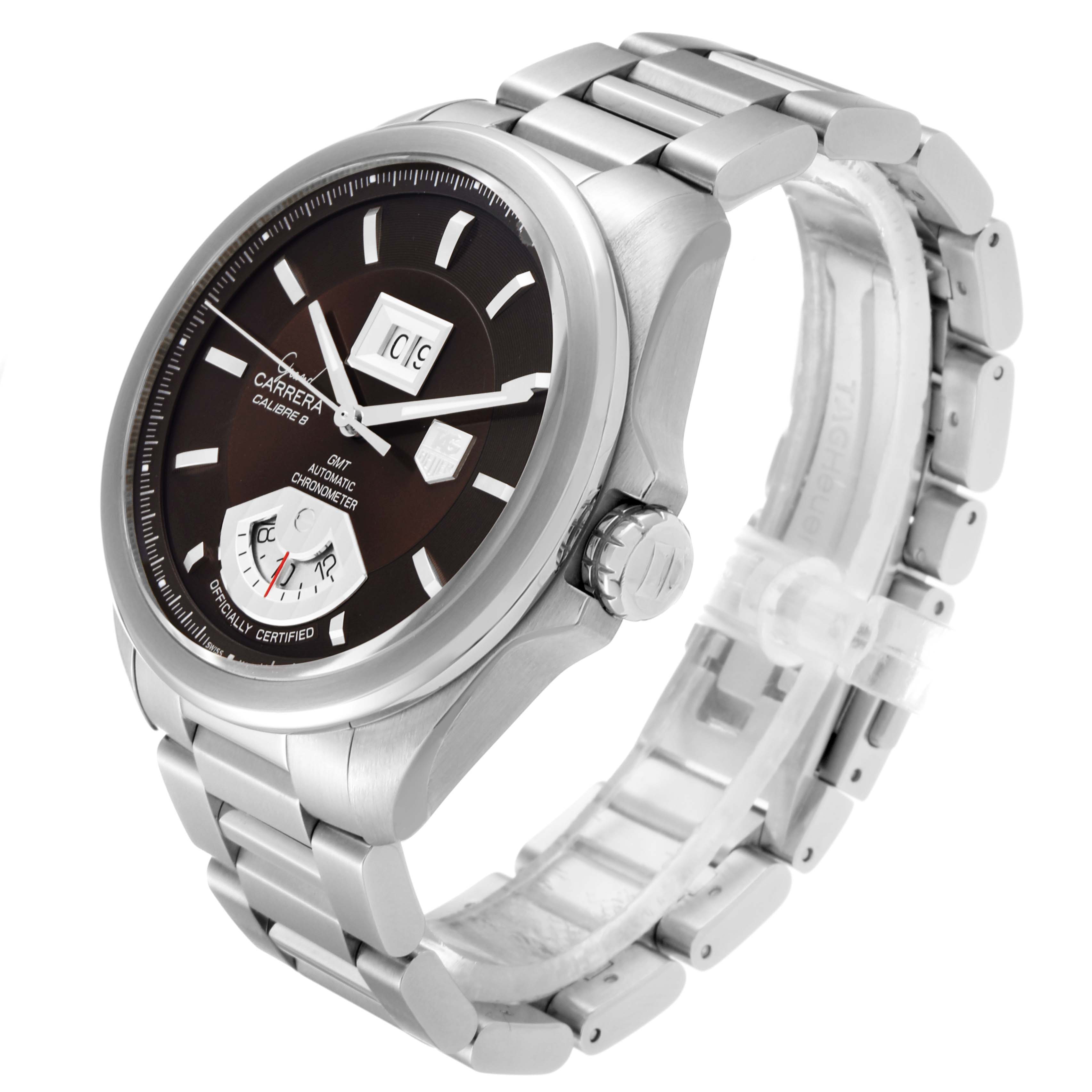 This image shows a Tag Heuer Carrera WAV5113.BA0901 Men's Stainless Steel Brown Dial WAV5113.BA0901 Men's Stainless Steel Brown Dial watch angled to display the face, crown, and a portion of the bracelet.