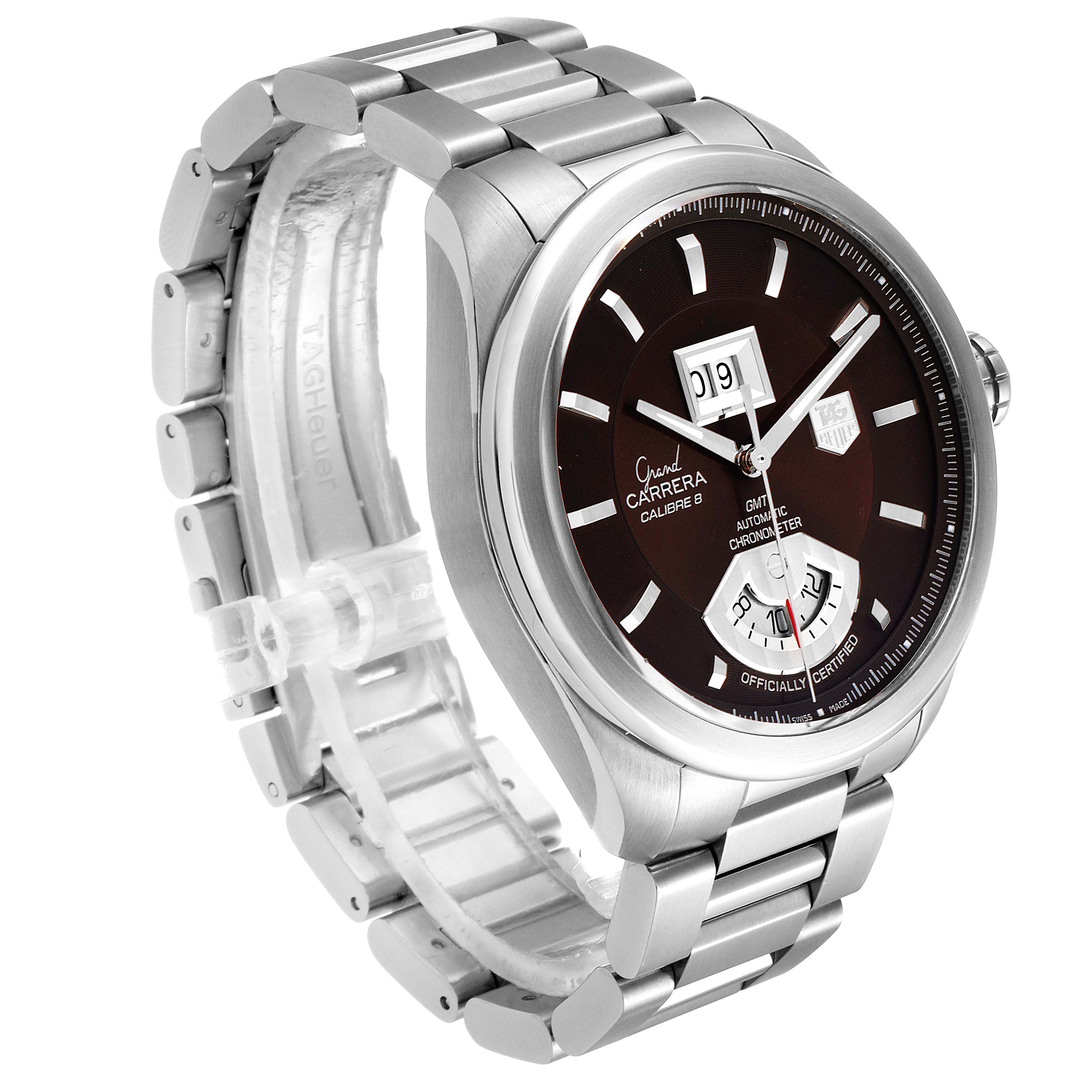 The image shows a Tag Heuer Carrera WAV5113.BA0901 Men's Stainless Steel Brown Dial WAV5113.BA0901 Men's Stainless Steel Brown Dial watch from an angle highlighting its face, bezel, and metal bracelet.