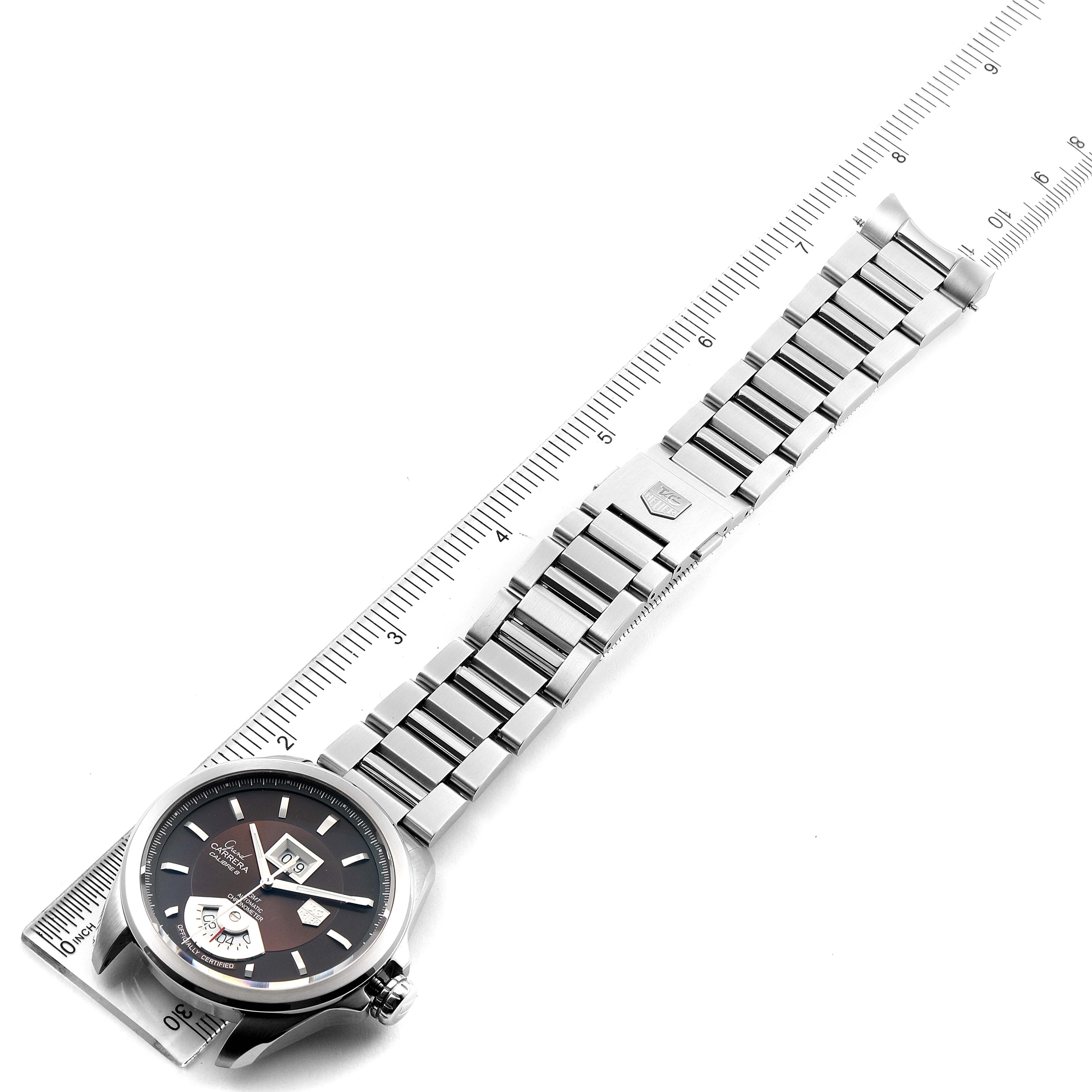 The image shows a Tag Heuer Carrera WAV5113.BA0901 Men's Stainless Steel Brown Dial WAV5113.BA0901 Men's Stainless Steel Brown Dial watch laid flat with its bracelet stretched out, measured alongside a ruler.