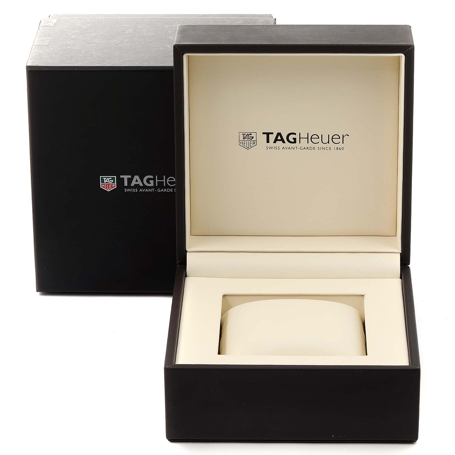 The image shows the open and closed boxes of a Tag Heuer Carrera WAV5113.BA0901 Men's Stainless Steel Brown Dial WAV5113.BA0901 Men's Stainless Steel Brown Dial watch.