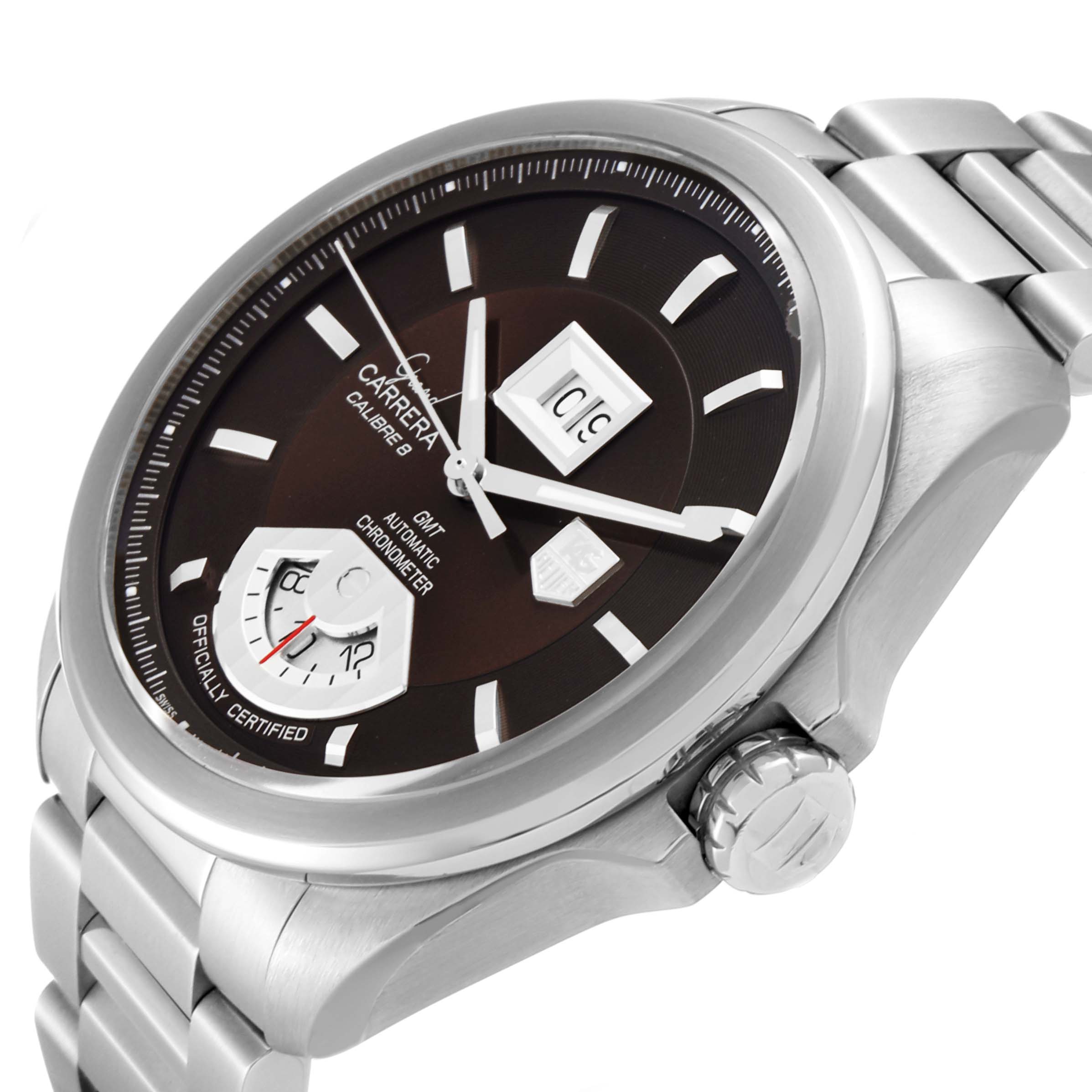 The image shows a side view of the Tag Heuer Carrera WAV5113.BA0901 Men's Stainless Steel Brown Dial WAV5113.BA0901 Men's Stainless Steel Brown Dial Calibre 8 watch, highlighting its dial, bezel, and stainless steel bracelet.