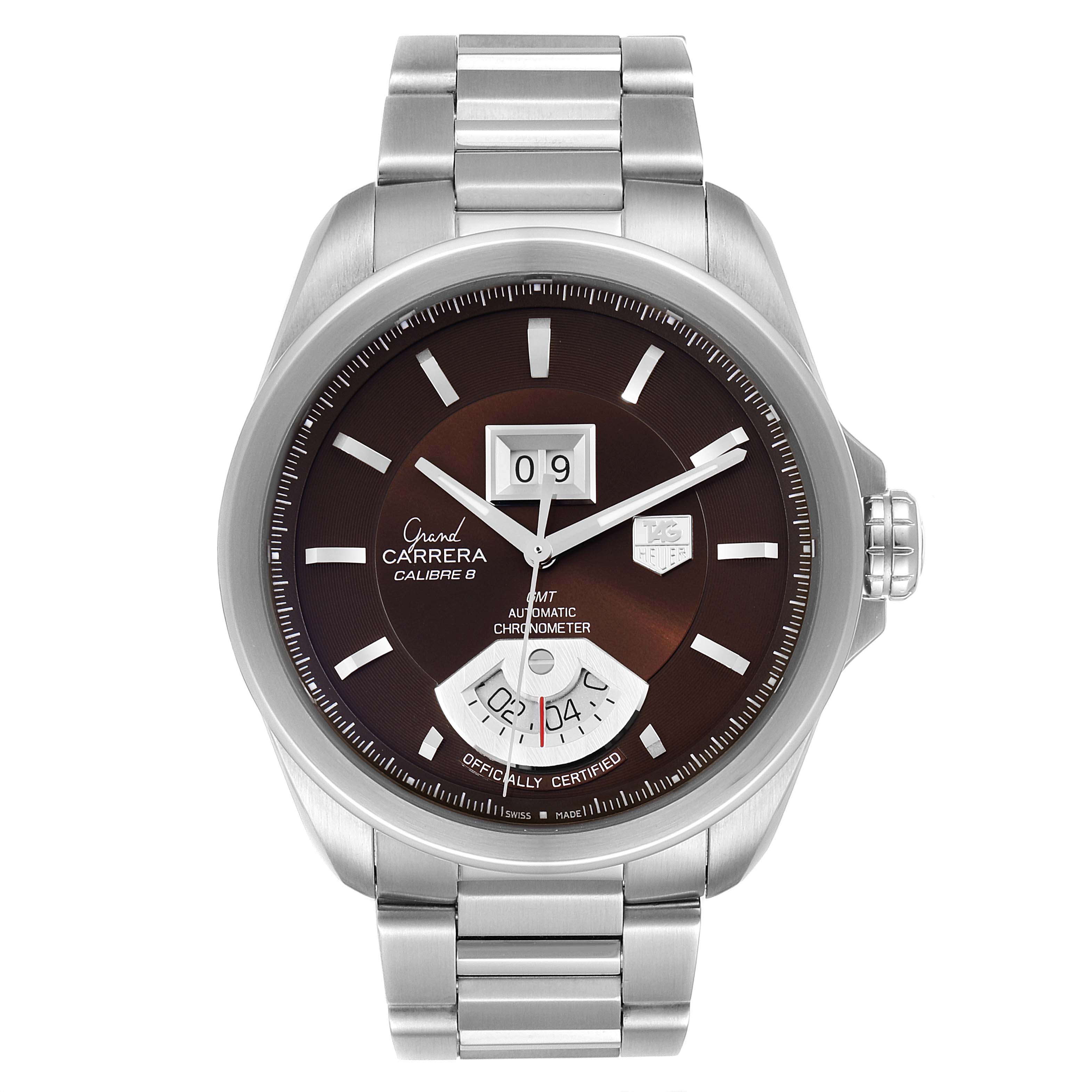 This image shows a frontal view of the Tag Heuer Carrera WAV5113.BA0901 Men's Stainless Steel Brown Dial WAV5113.BA0901 Men's Stainless Steel Brown Dial watch, highlighting the face, dial, and stainless steel bracelet.