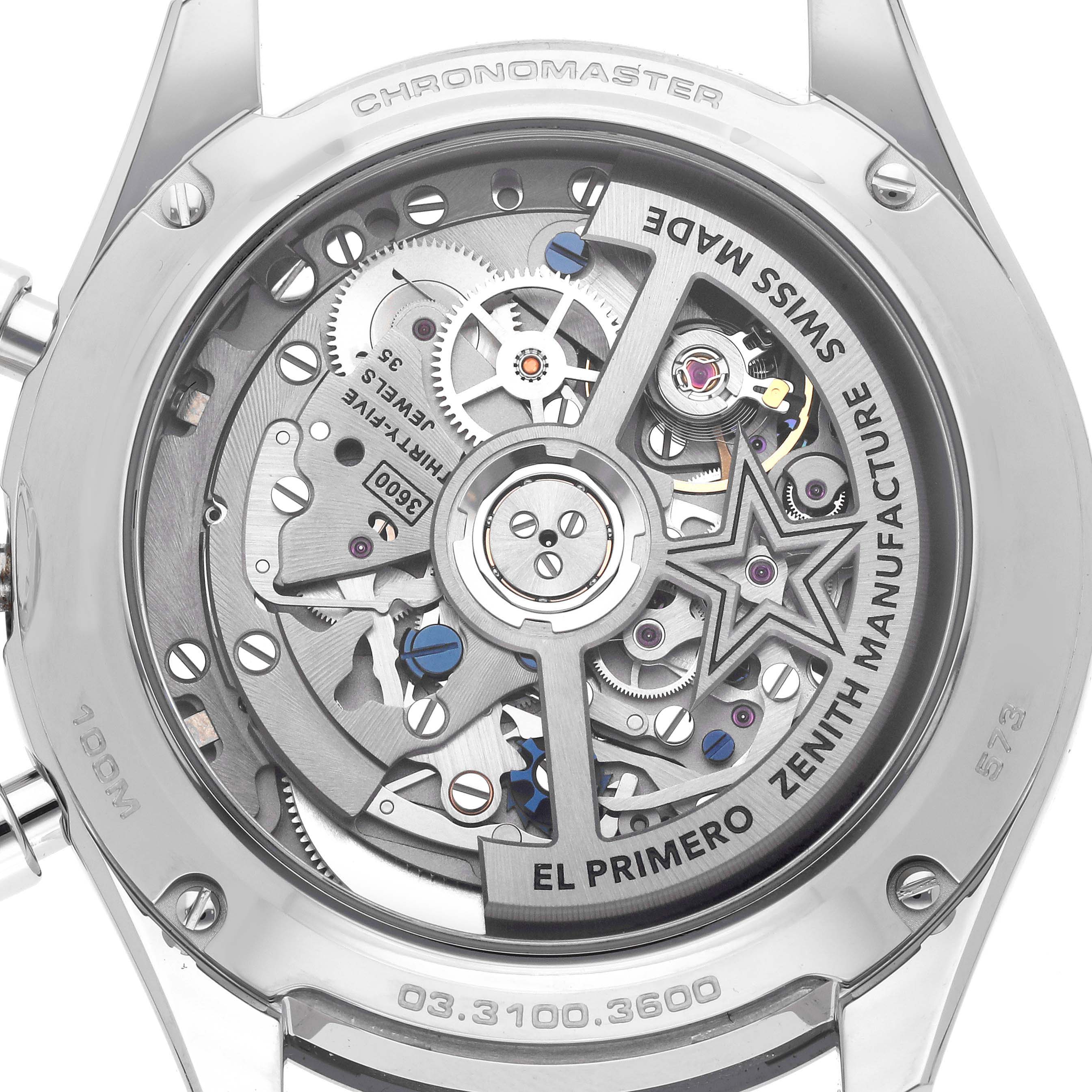 The Zenith Chronomaster 03.3100.3600/69.M3100 Men's Stainless Steel White Dial 03.3100.3600/69.M3100 Men's Stainless Steel White Dial watch is shown from the back, revealing its intricate movement and "El Primero" inscription.