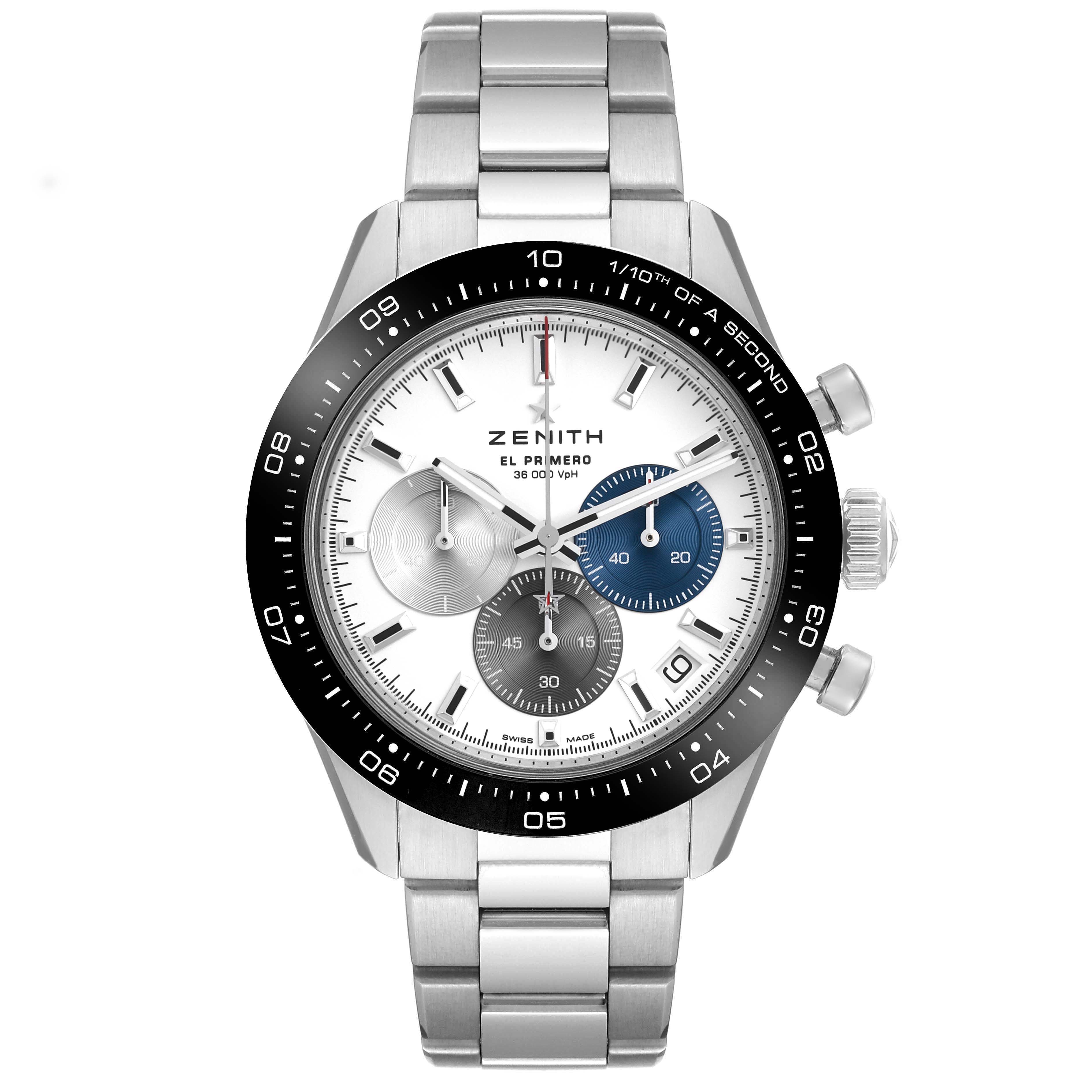 The Zenith Chronomaster 03.3100.3600/69.M3100 Men's Stainless Steel White Dial 03.3100.3600/69.M3100 Men's Stainless Steel White Dial watch is shown from the front, displaying the dial, bezel, crown, and bracelet.