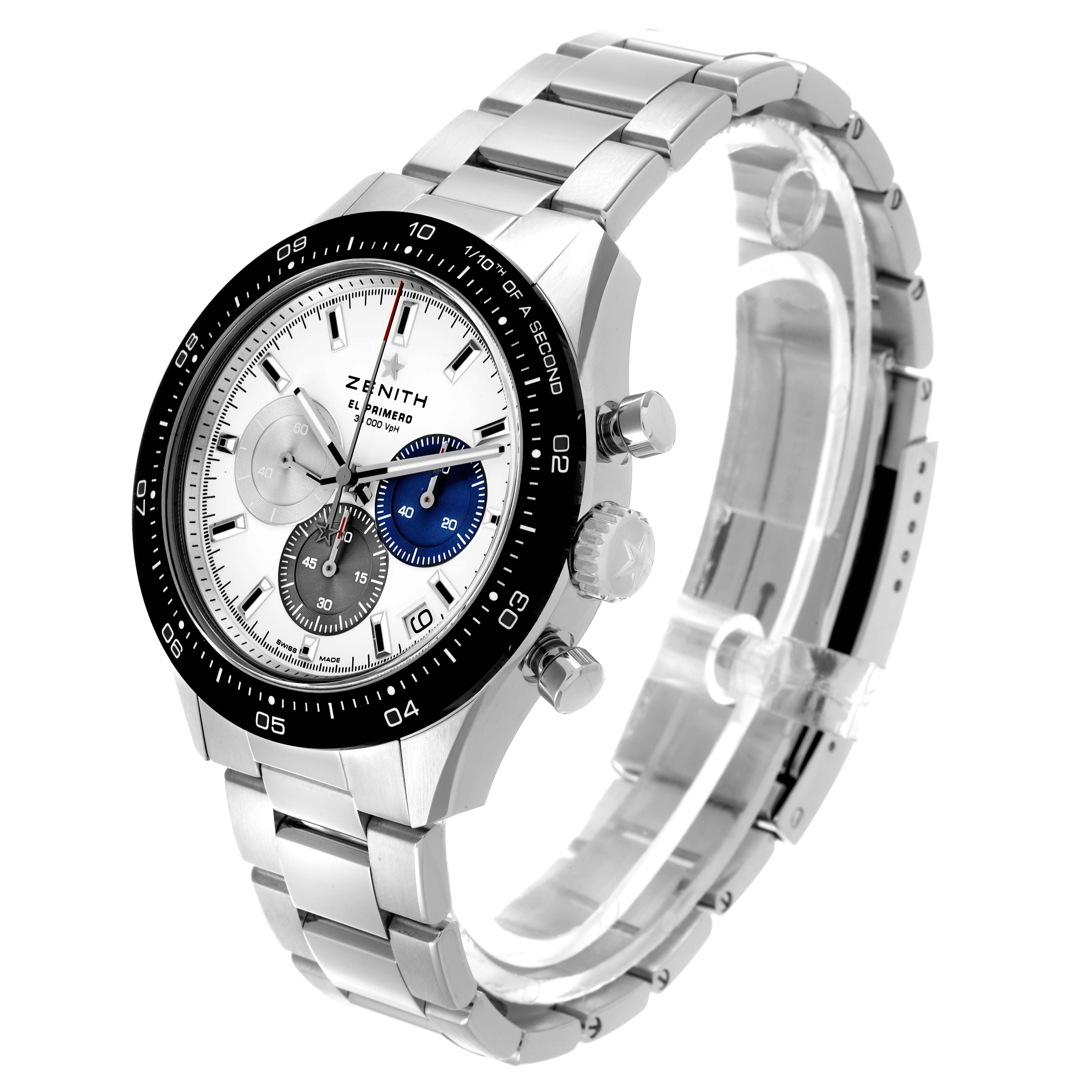 The Zenith Chronomaster 03.3100.3600/69.M3100 Men's Stainless Steel White Dial 03.3100.3600/69.M3100 Men's Stainless Steel White Dial watch is shown at a three-quarter angle, displaying the dial, crown, pushers, and bracelet.