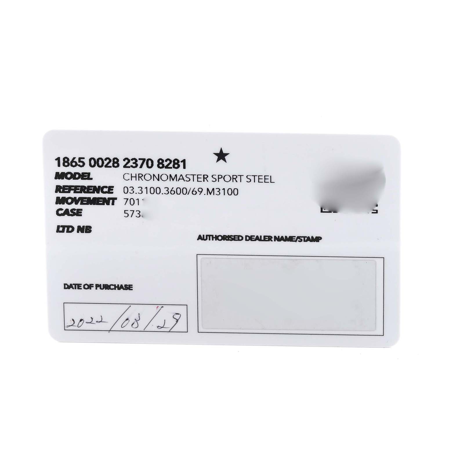 This image shows a warranty card for the Zenith Chronomaster 03.3100.3600/69.M3100 Men's Stainless Steel White Dial 03.3100.3600/69.M3100 Men's Stainless Steel White Dial model.