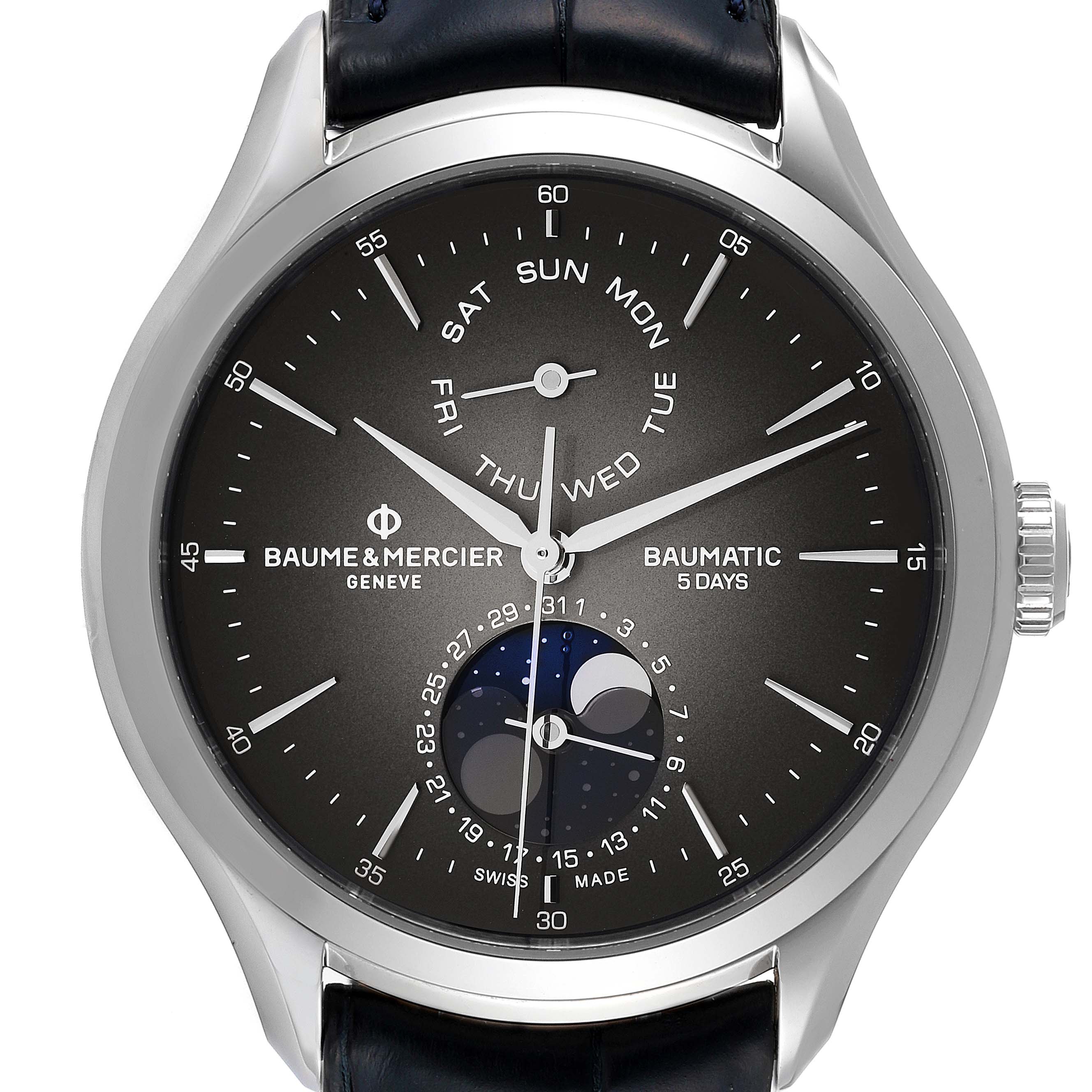 This image shows a front view of the Baume 
Mercier Clifton M0A10548 Men
s Stainless Steel Grey Dial M0A10548 Men
s Stainless Steel Grey Dial model watch, highlighting its face and complications.