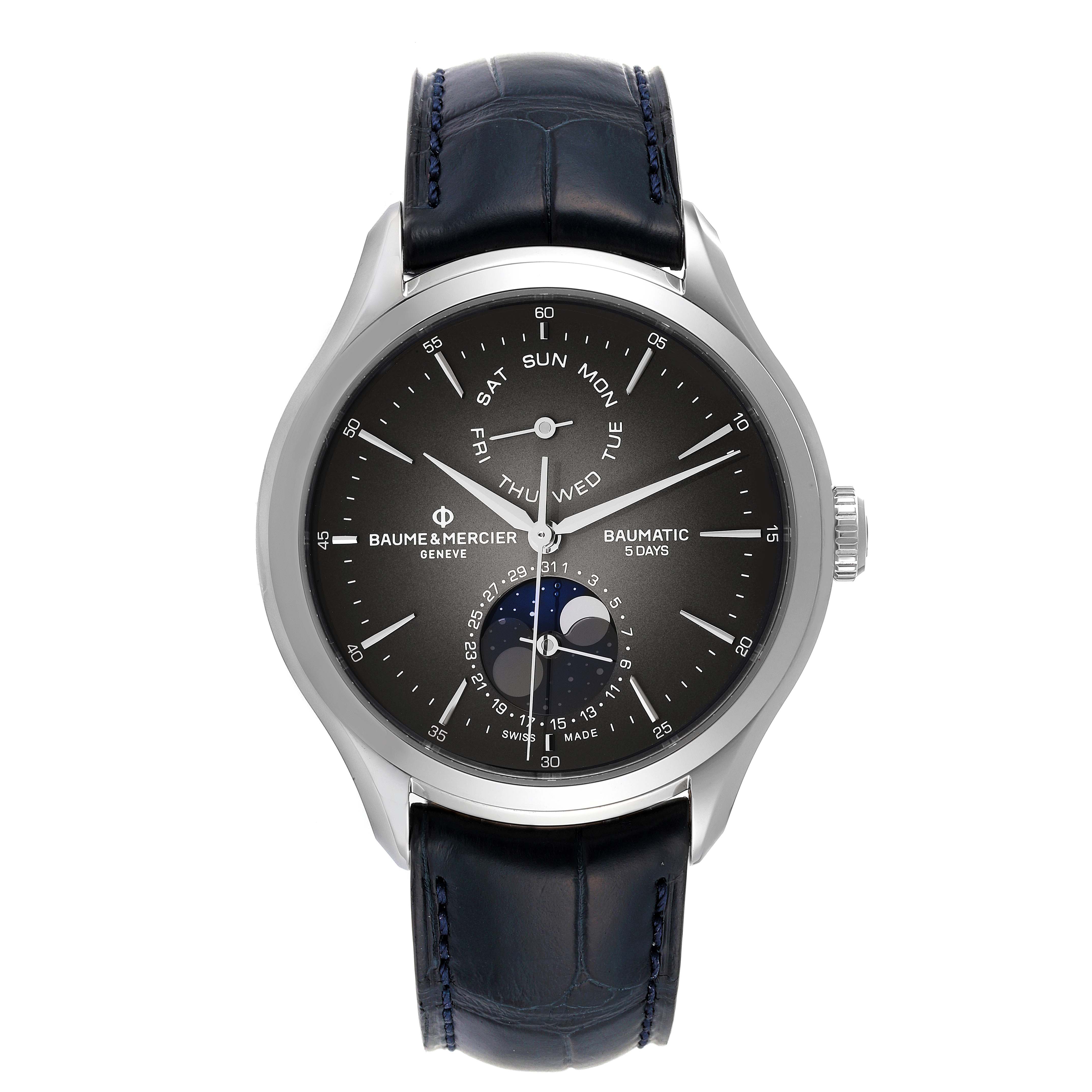 This image shows a front view of the Baume 
Mercier Clifton M0A10548 Men
s Stainless Steel Grey Dial M0A10548 Men
s Stainless Steel Grey Dial watch, featuring a black dial and blue leather strap.