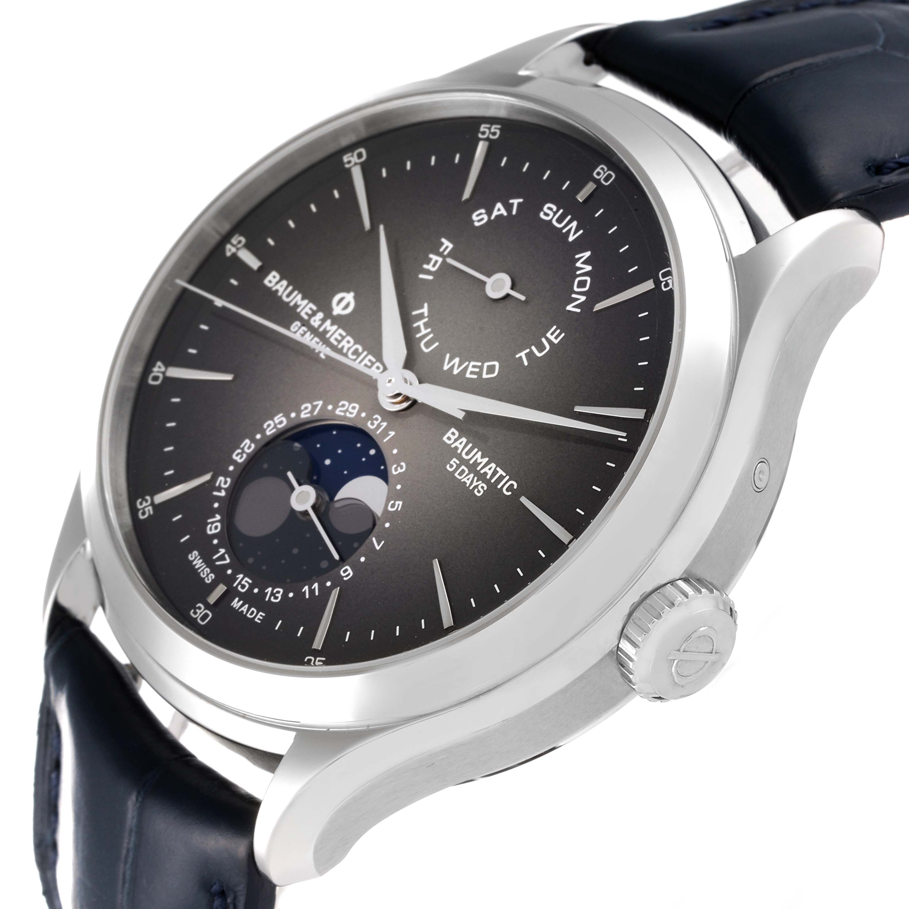 This image shows a side angle of the Baume 
Mercier Clifton M0A10548 Men
s Stainless Steel Grey Dial M0A10548 Men
s Stainless Steel Grey Dial watch, highlighting its dial, crown, and leather strap.