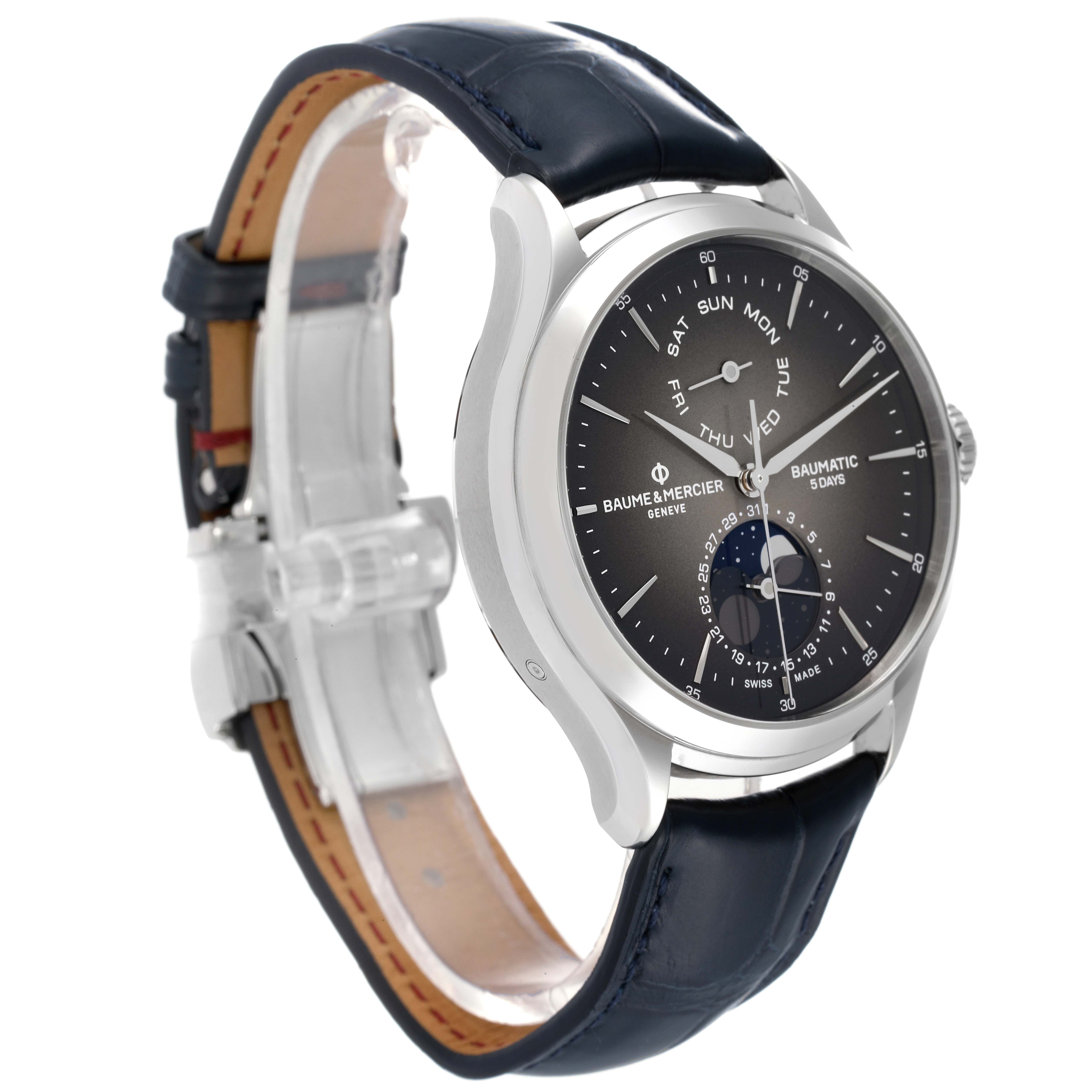 The Baume 
Mercier Clifton M0A10548 Men
s Stainless Steel Grey Dial M0A10548 Men
s Stainless Steel Grey Dial watch is shown at an oblique angle, highlighting the face, side profile, and leather strap.