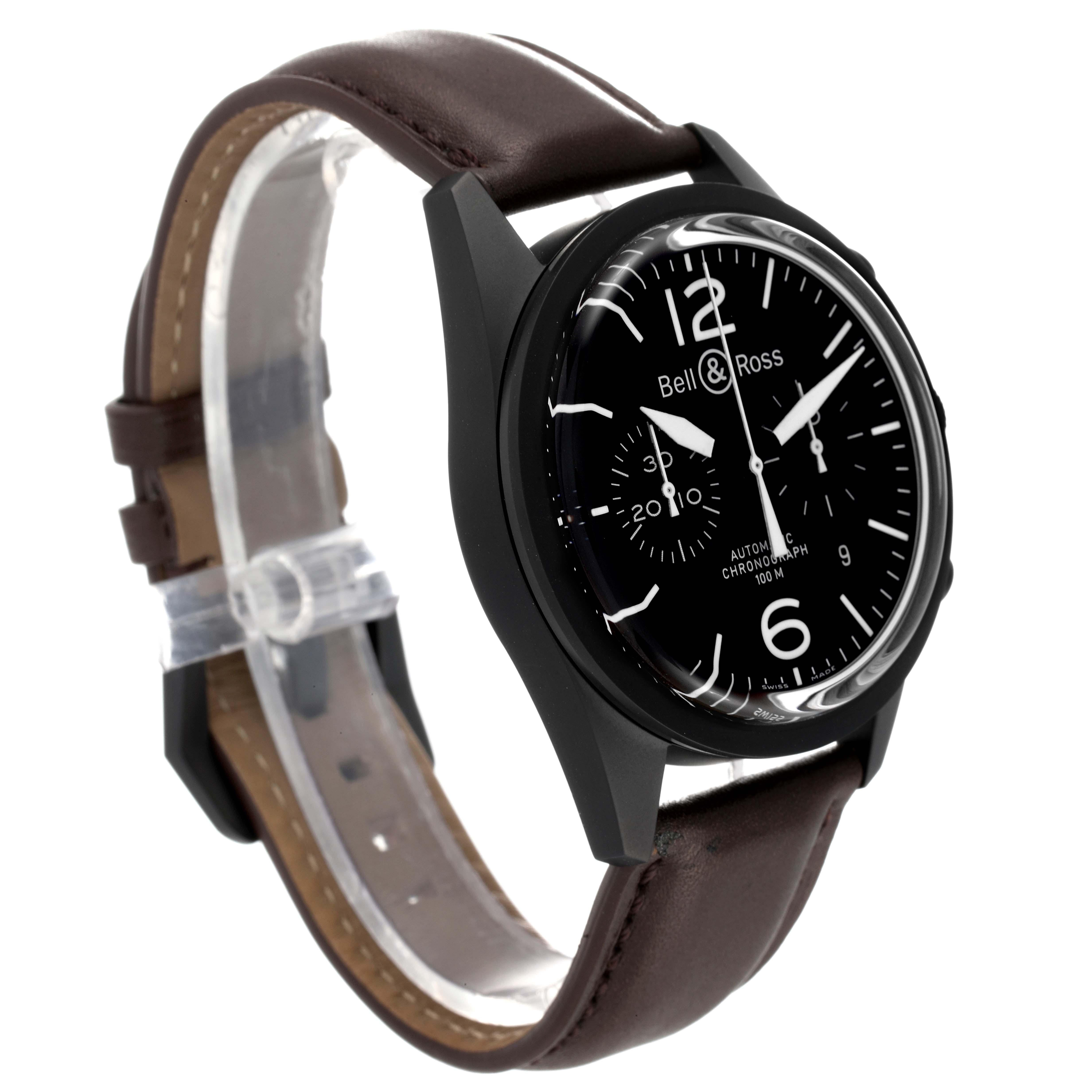 The image shows a side-angle view of the Bell & Ross Heritage BRV126-94-SC Men's Stainless Steel Black Dial BRV126-94-SC Men's Stainless Steel Black Dial model watch, highlighting the black case and brown leather strap.