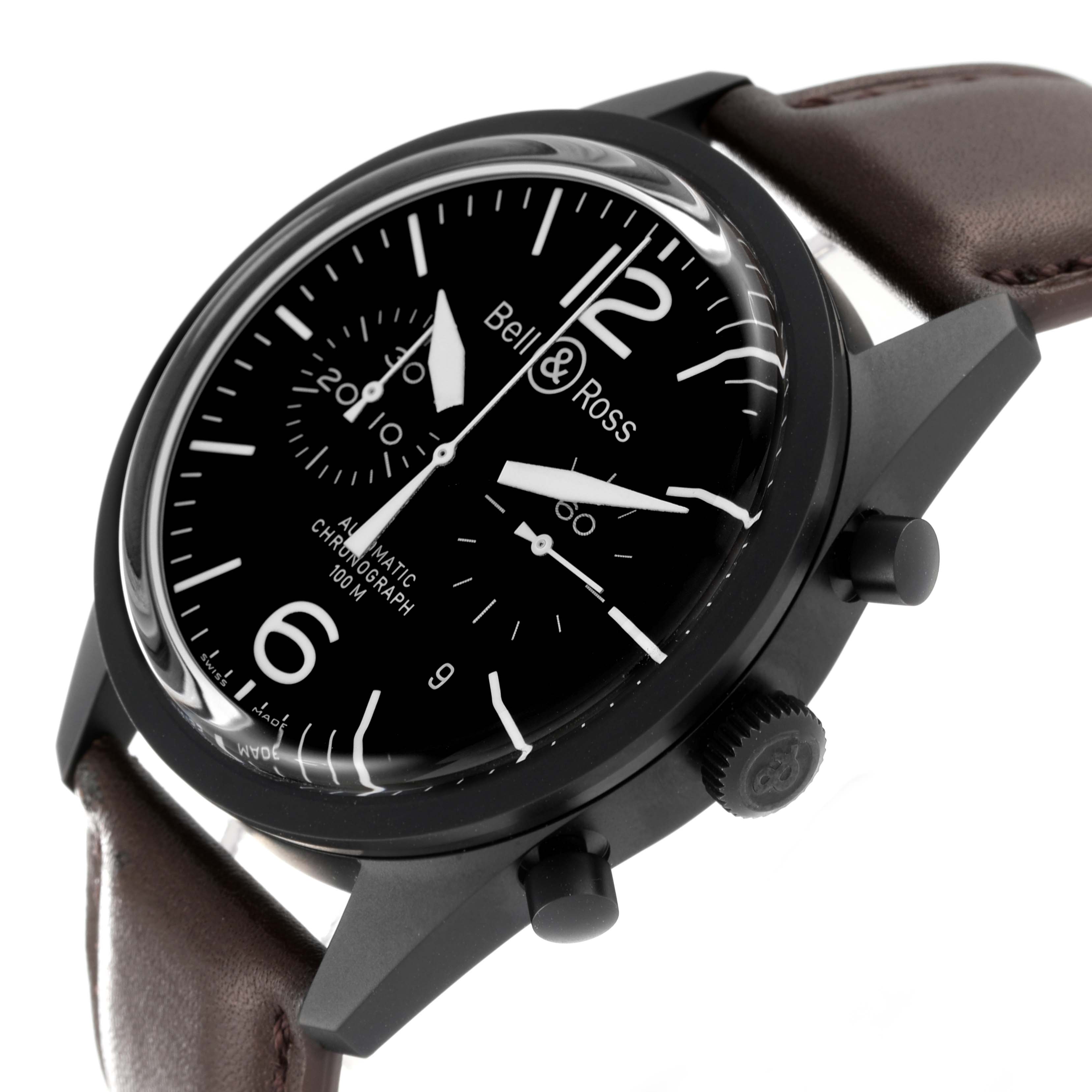 The Bell & Ross Heritage BRV126-94-SC Men's Stainless Steel Black Dial BRV126-94-SC Men's Stainless Steel Black Dial model watch is shown at a tilted angle, highlighting the face, bezel, crown, and part of the leather strap.