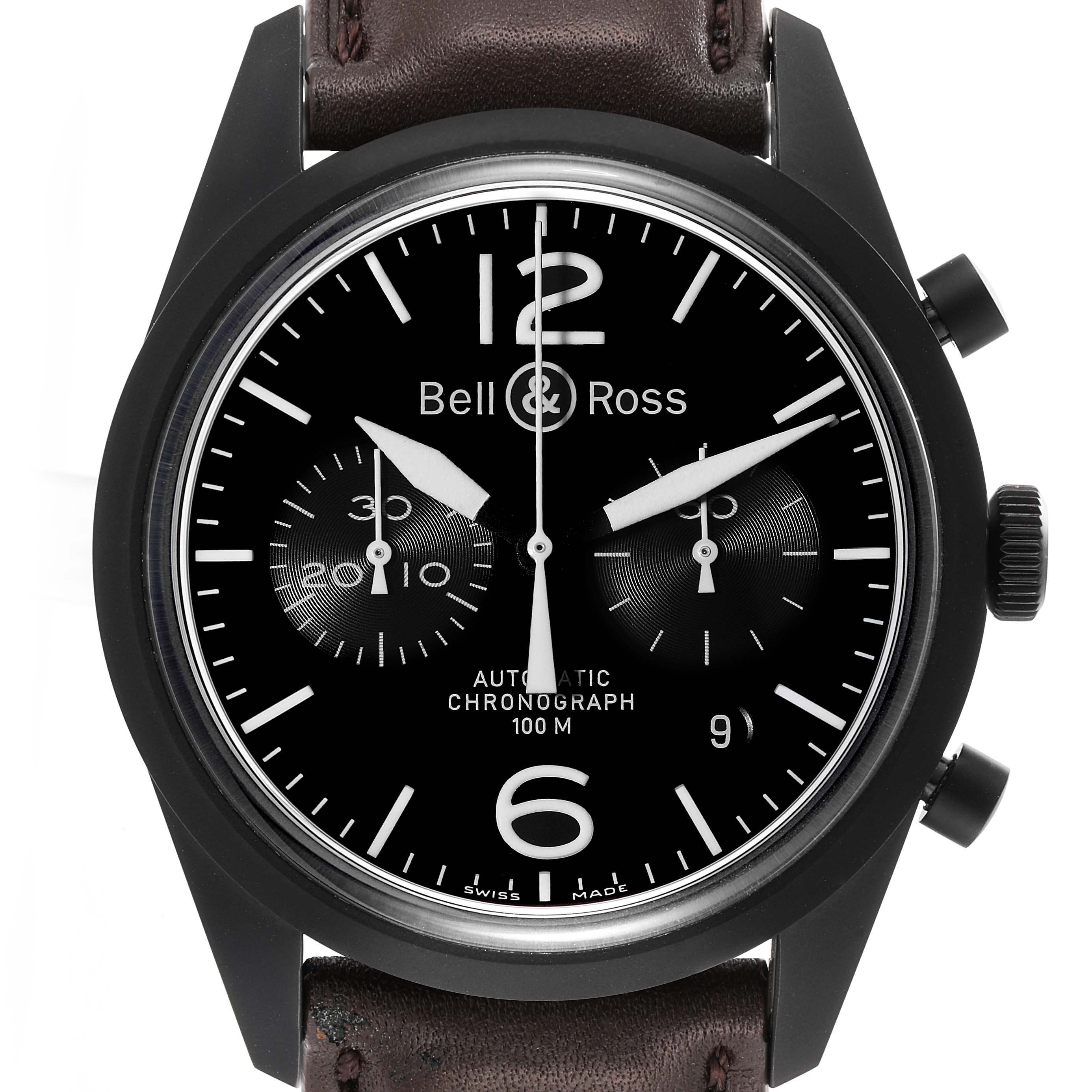 This photo shows the front view of a Heritage model watch by Bell & Ross, highlighting its dial, hands, and subdials.
