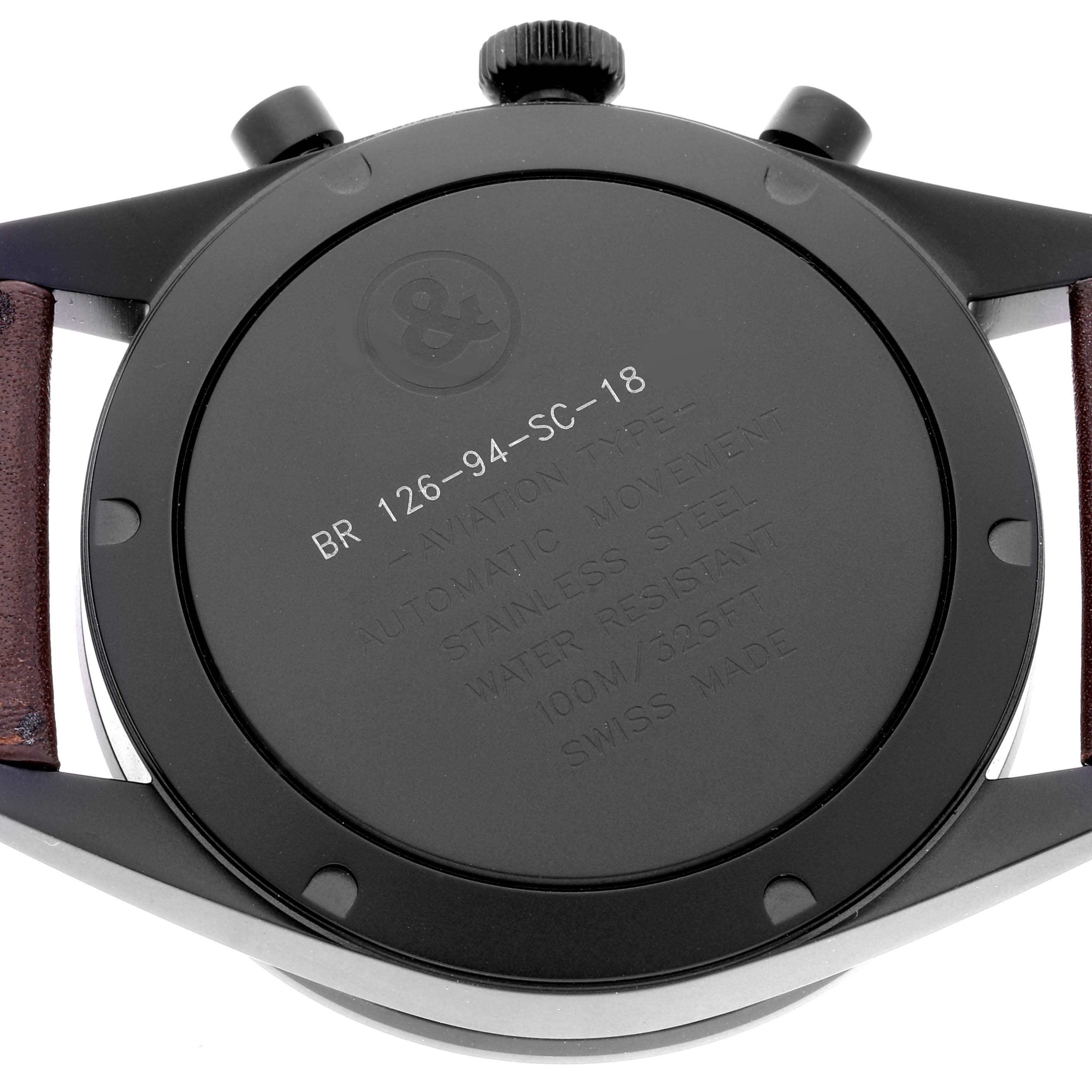 This image shows the back case of a Bell & Ross Heritage BRV126-94-SC Men's Stainless Steel Black Dial BRV126-94-SC Men's Stainless Steel Black Dial model watch, highlighting the engraved specifications.